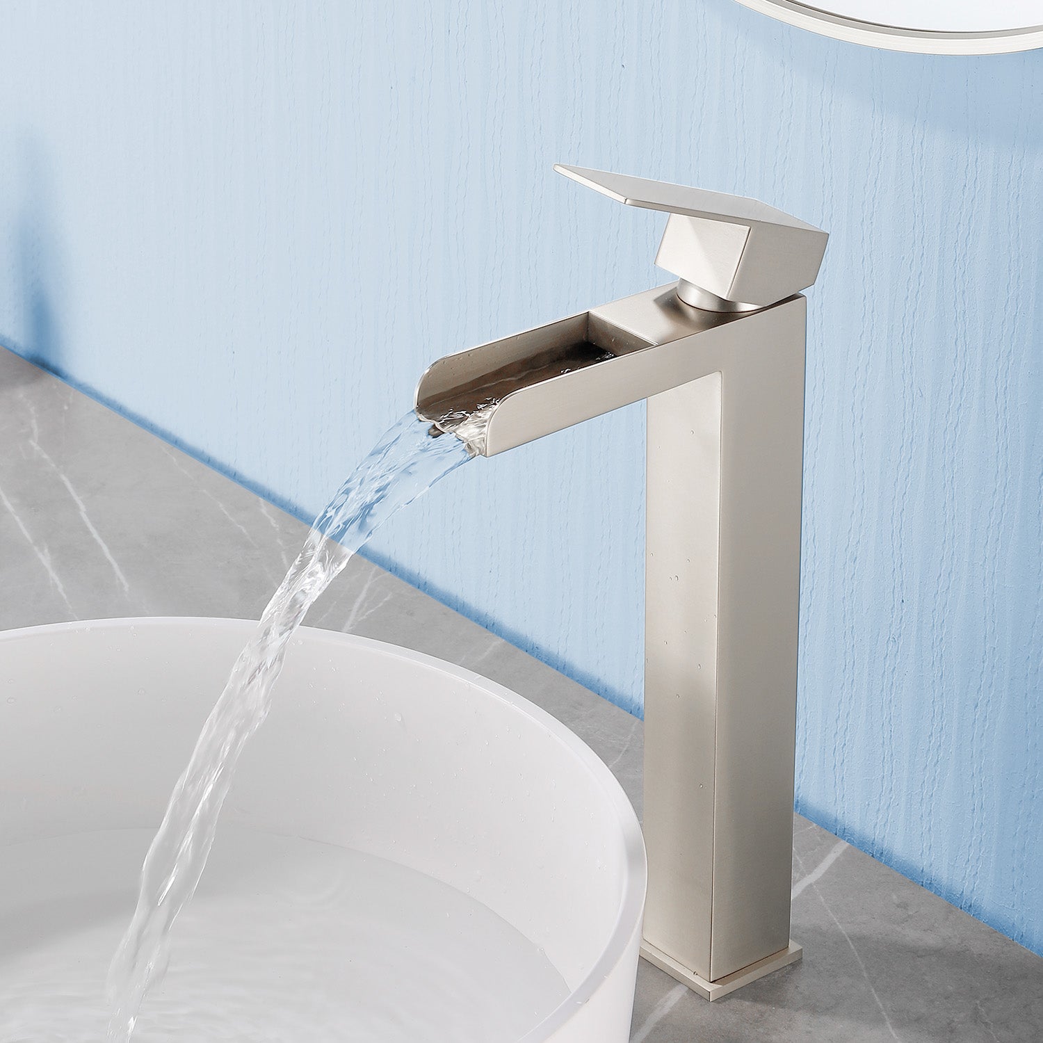 Tall Waterfall Vessel Faucet Deck Mount Single Lever Bathroom Sink Faucet with Pop Up Drain Stopper & Water Supply Lines