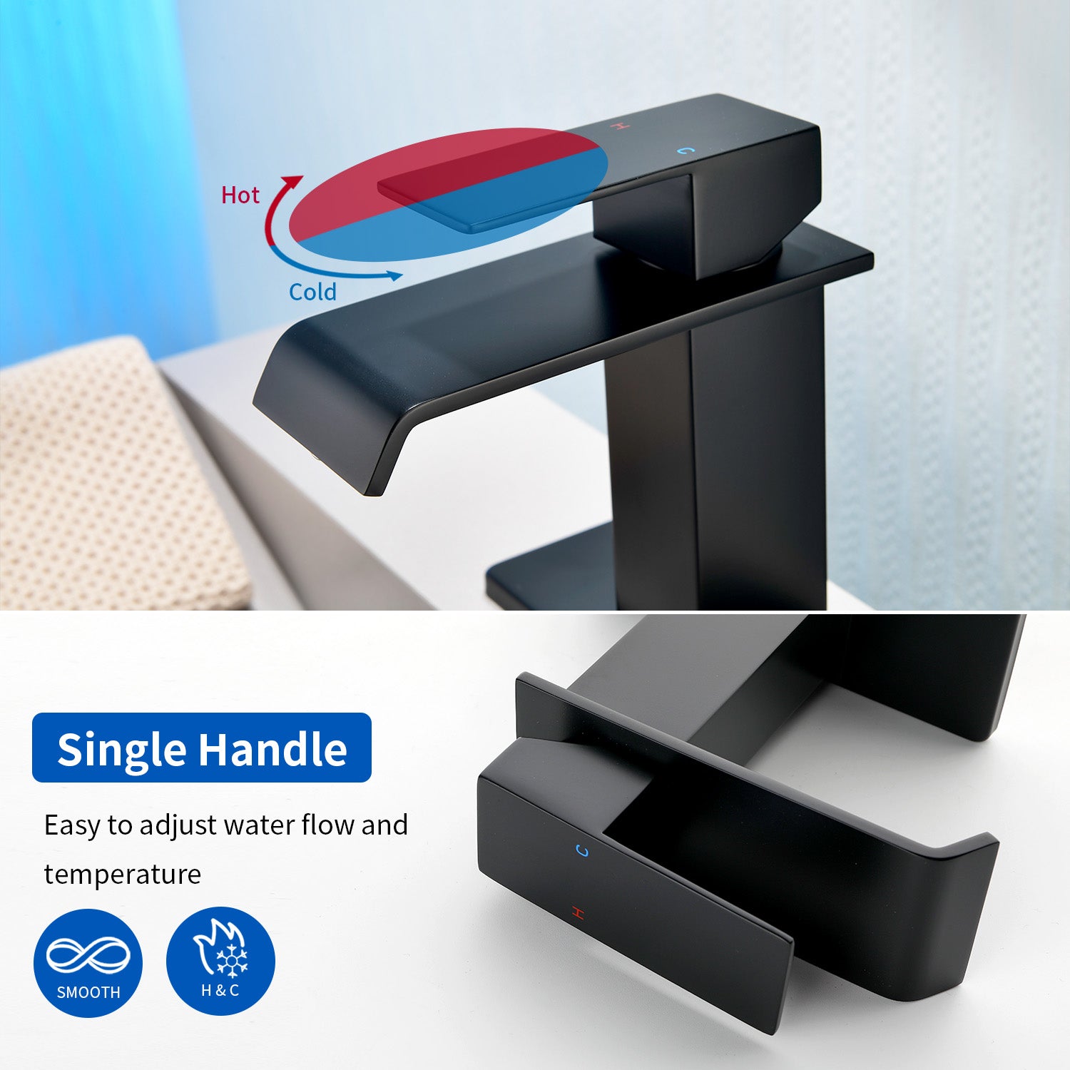 Single Hole Lavatory Faucet Tap Hot and Cold Water Mixer One-Handle Bathroom Waterfall Face Basin Faucet With Pop-Up Drainer