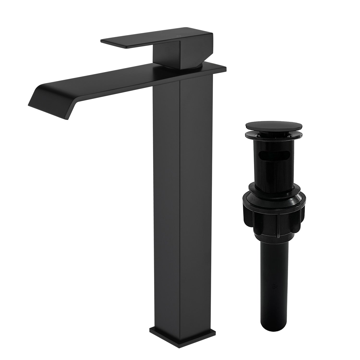 Vessel Sink Faucet Tall Single Control Waterfall Single Hole Deck Mount Bathroom Faucet With Pop-Up Faucet Stopper - Matte Black, Brushed Nickel, Brushed Gold