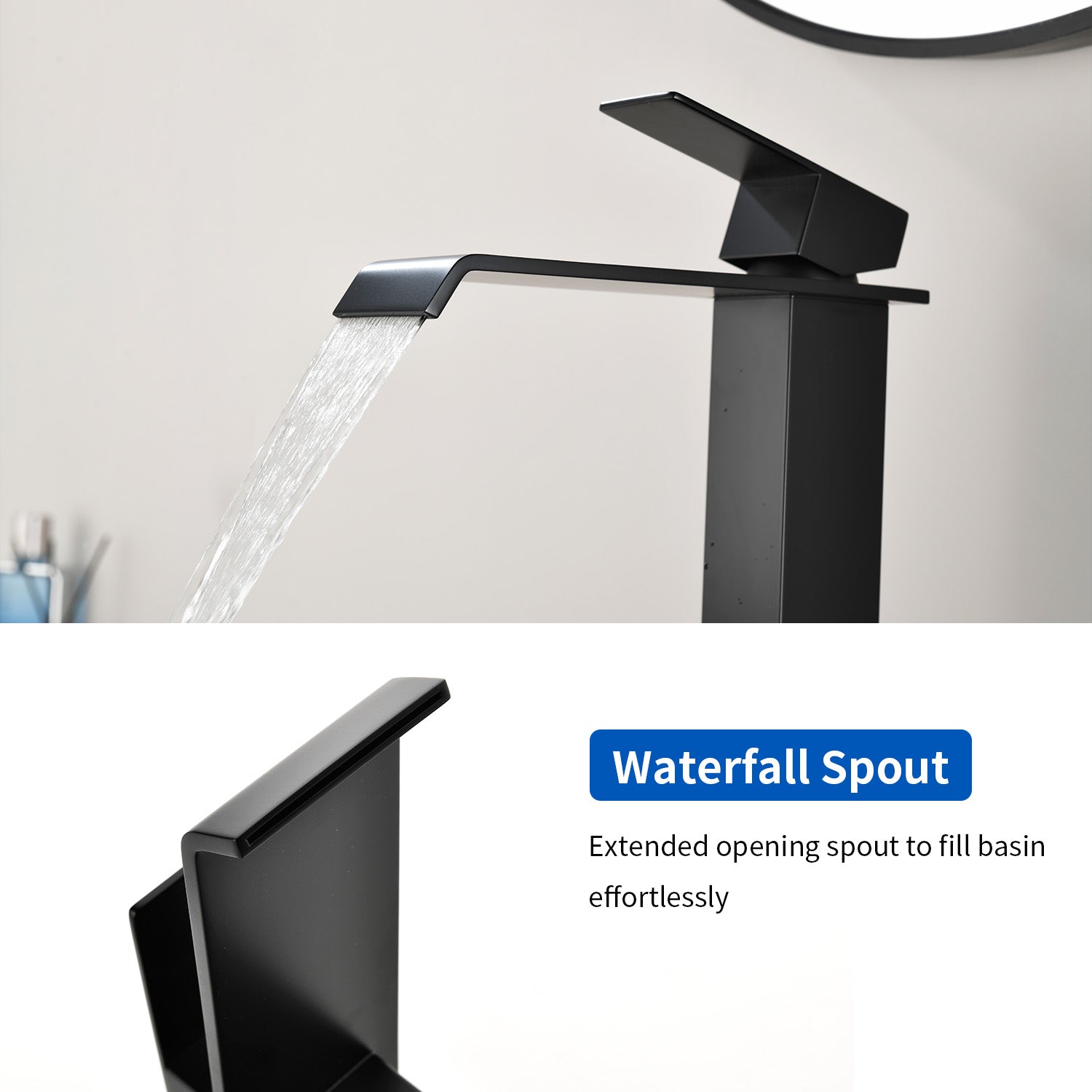 Vessel Sink Faucet Tall Single Control Waterfall Single Hole Deck Mount Bathroom Faucet With Pop-Up Faucet Stopper - Matte Black, Brushed Nickel, Brushed Gold