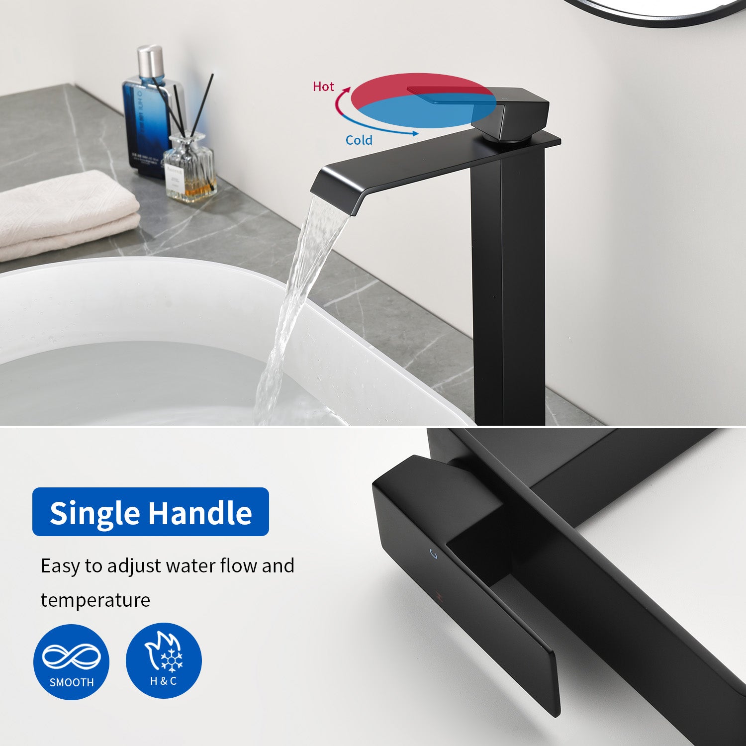 Vessel Sink Faucet Tall Single Control Waterfall Single Hole Deck Mount Bathroom Faucet With Pop-Up Faucet Stopper - Matte Black, Brushed Nickel, Brushed Gold