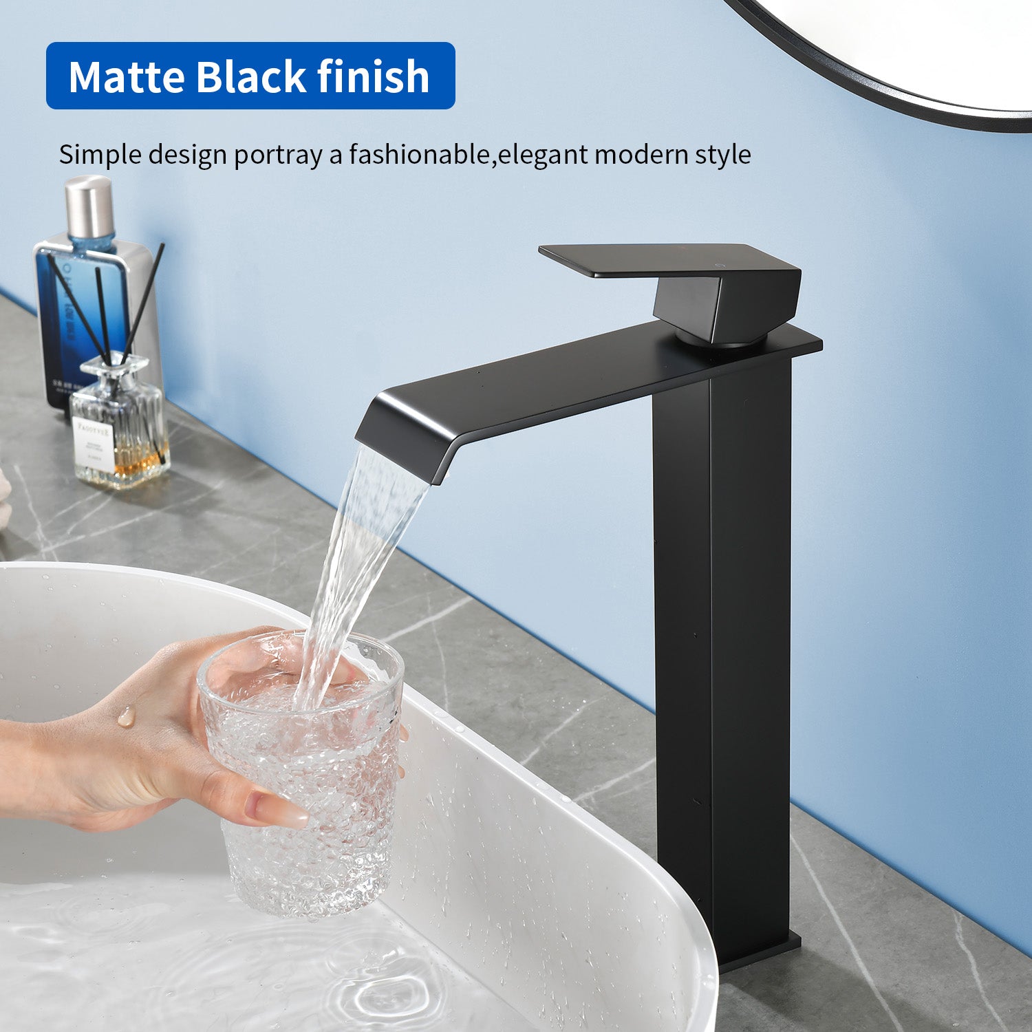 Vessel Sink Faucet Tall Single Control Waterfall Single Hole Deck Mount Bathroom Faucet With Pop-Up Faucet Stopper - Matte Black, Brushed Nickel, Brushed Gold