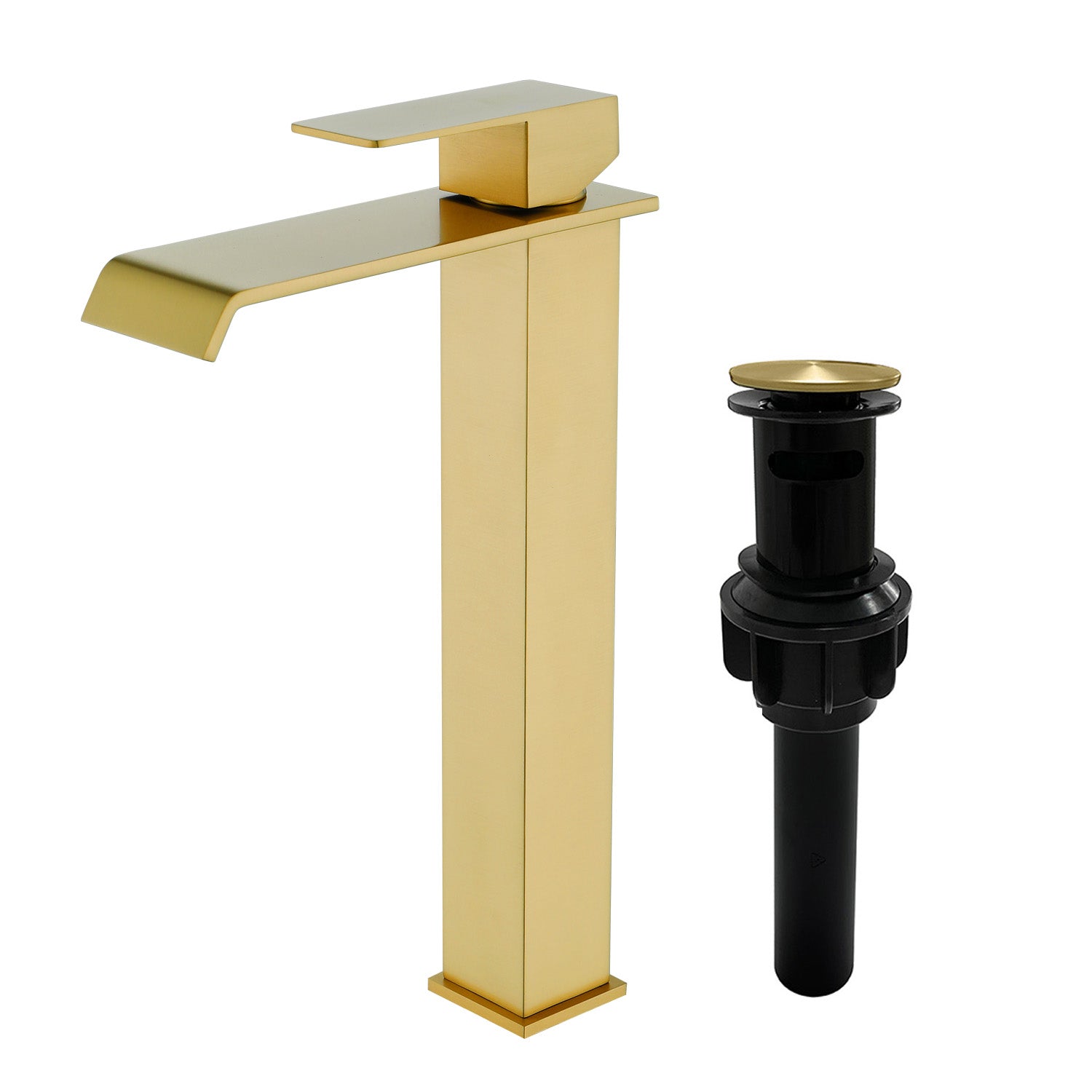 Vessel Sink Faucet Tall Single Control Waterfall Single Hole Deck Mount Bathroom Faucet With Pop-Up Faucet Stopper - Matte Black, Brushed Nickel, Brushed Gold