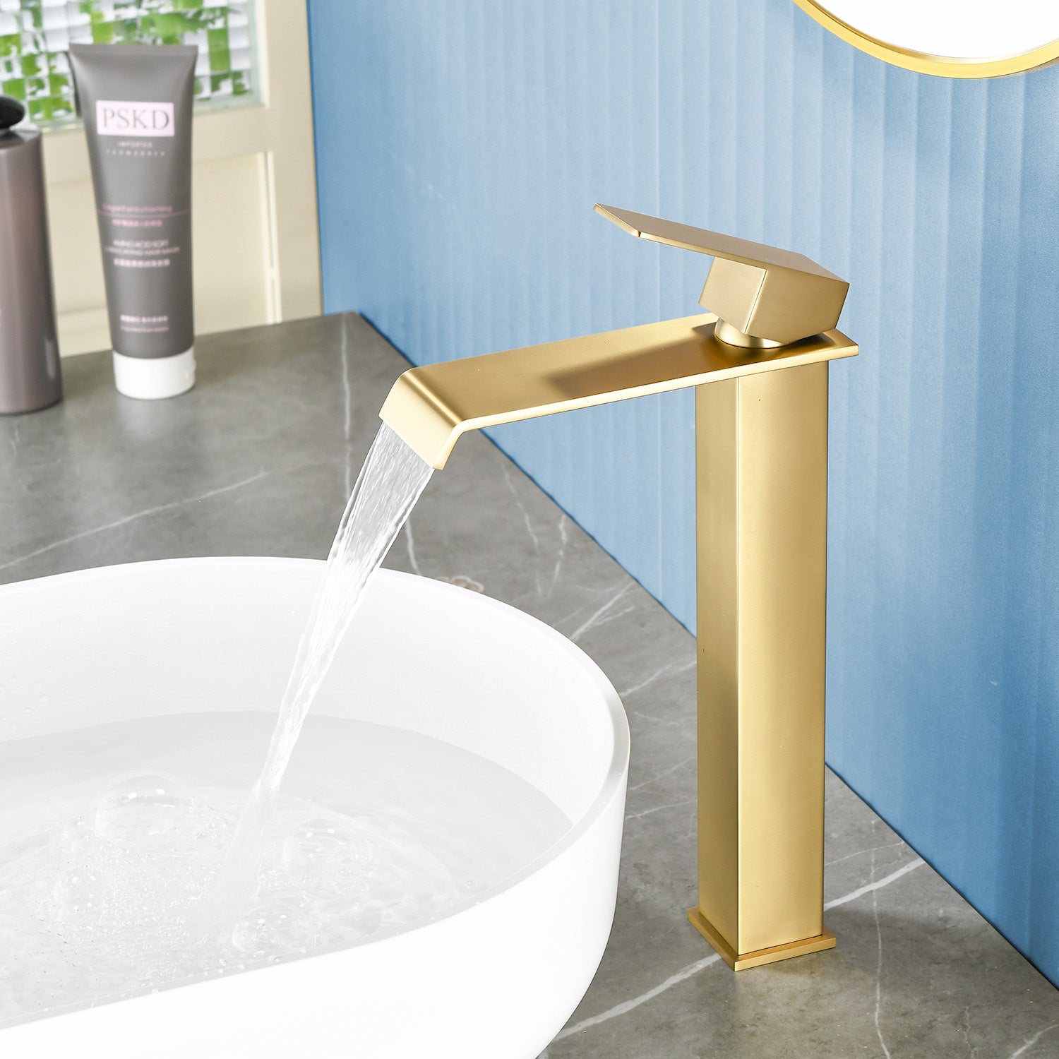 Vessel Sink Faucet Tall Single Control Waterfall Single Hole Deck Mount Bathroom Faucet With Pop-Up Faucet Stopper - Matte Black, Brushed Nickel, Brushed Gold