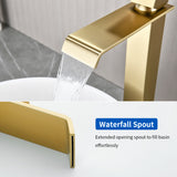 Vessel Sink Faucet Tall Single Control Waterfall Single Hole Deck Mount Bathroom Faucet With Pop-Up Faucet Stopper - Matte Black, Brushed Nickel, Brushed Gold