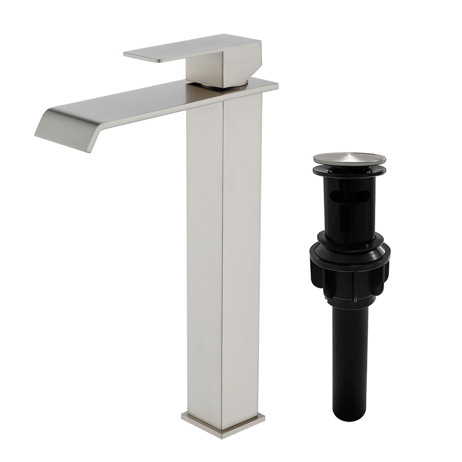 Vessel Sink Faucet Tall Single Control Waterfall Single Hole Deck Mount Bathroom Faucet With Pop-Up Faucet Stopper - Matte Black, Brushed Nickel, Brushed Gold