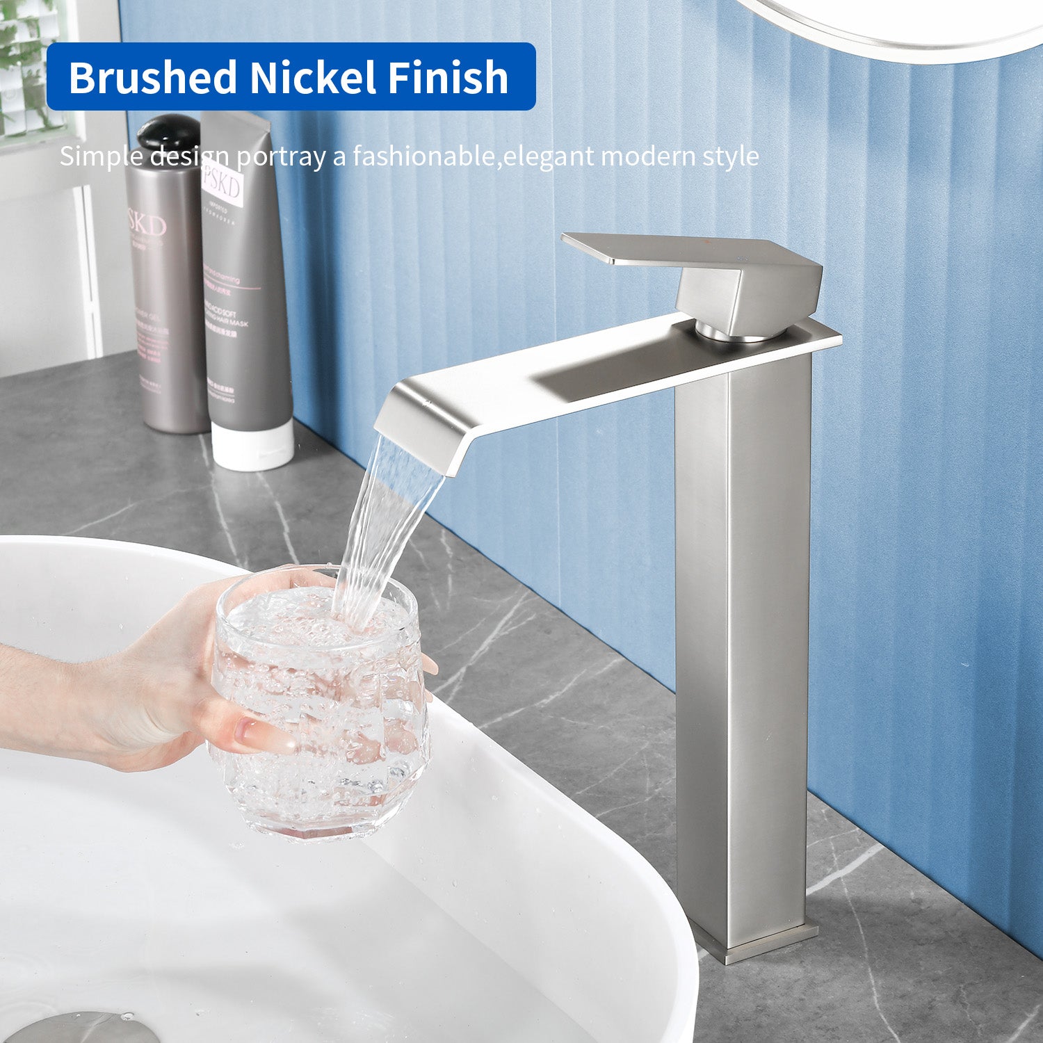 Vessel Sink Faucet Tall Single Control Waterfall Single Hole Deck Mount Bathroom Faucet With Pop-Up Faucet Stopper - Matte Black, Brushed Nickel, Brushed Gold