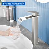 Vessel Sink Faucet Tall Single Control Waterfall Single Hole Deck Mount Bathroom Faucet With Pop-Up Faucet Stopper - Matte Black, Brushed Nickel, Brushed Gold