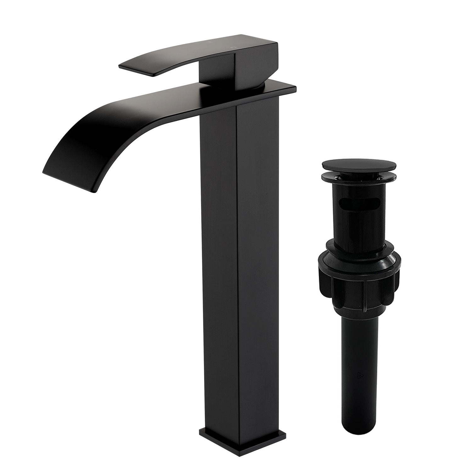 Single Hole Vessel Faucet Matte Black Deck Mount Brushed Nickel Square Bathroom Faucet with Lever Handle Waterfall Tall Brushed Gold Basin Mixer with Drain Pop Up