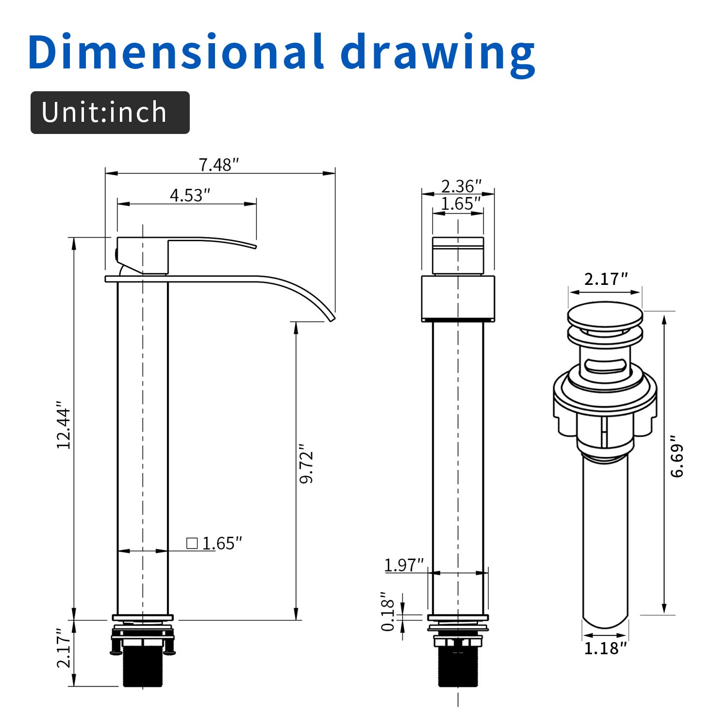 Single Hole Vessel Faucet Matte Black Deck Mount Brushed Nickel Square Bathroom Faucet with Lever Handle Waterfall Tall Brushed Gold Basin Mixer with Drain Pop Up
