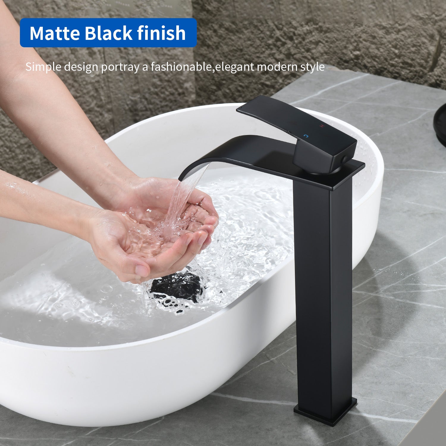 Single Hole Vessel Faucet Matte Black Deck Mount Brushed Nickel Square Bathroom Faucet with Lever Handle Waterfall Tall Brushed Gold Basin Mixer with Drain Pop Up