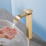 Single Hole Vessel Faucet Matte Black Deck Mount Brushed Nickel Square Bathroom Faucet with Lever Handle Waterfall Tall Brushed Gold Basin Mixer with Drain Pop Up