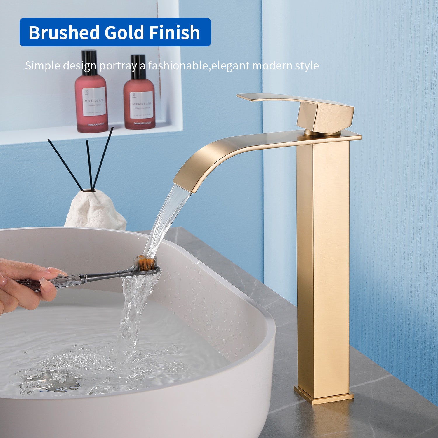 Single Hole Vessel Faucet Matte Black Deck Mount Brushed Nickel Square Bathroom Faucet with Lever Handle Waterfall Tall Brushed Gold Basin Mixer with Drain Pop Up