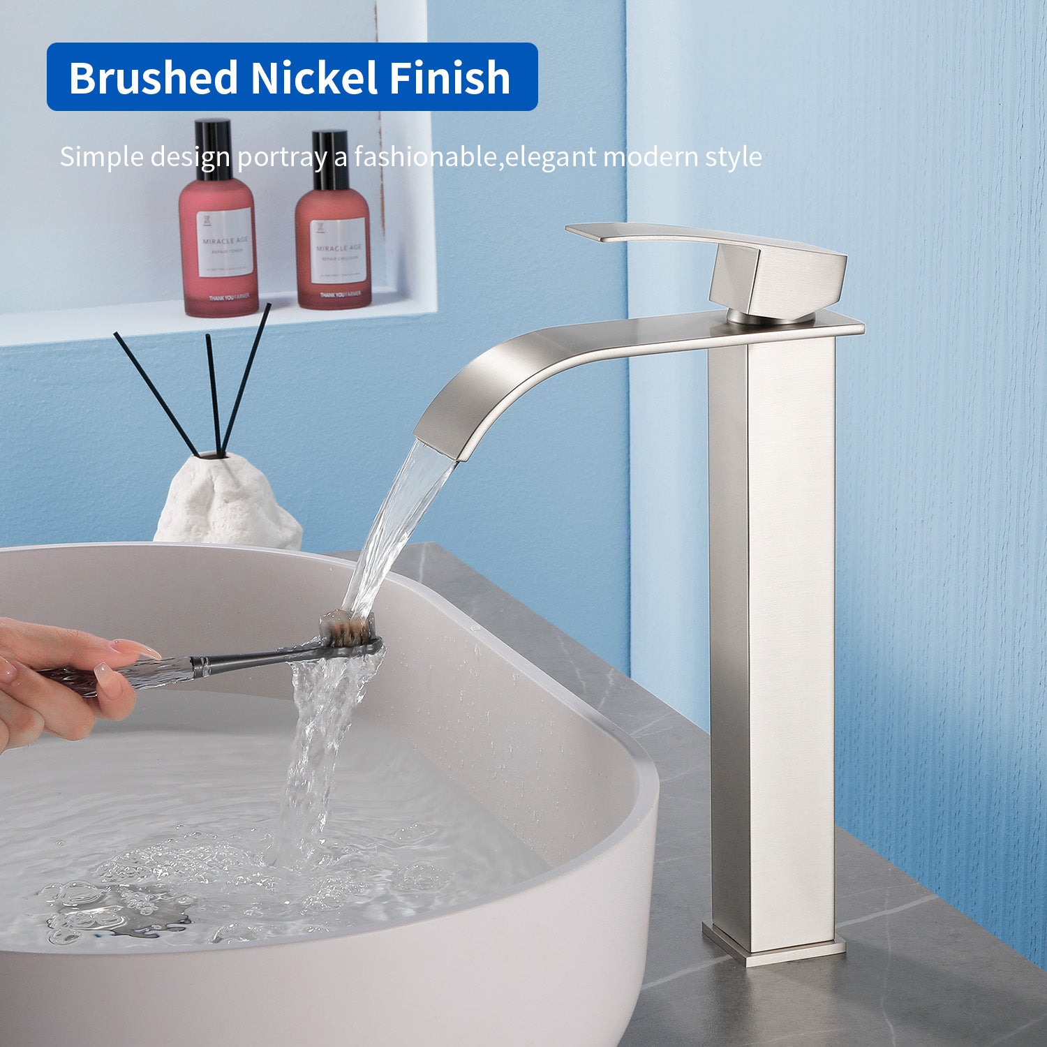 Single Hole Vessel Faucet Matte Black Deck Mount Brushed Nickel Square Bathroom Faucet with Lever Handle Waterfall Tall Brushed Gold Basin Mixer with Drain Pop Up