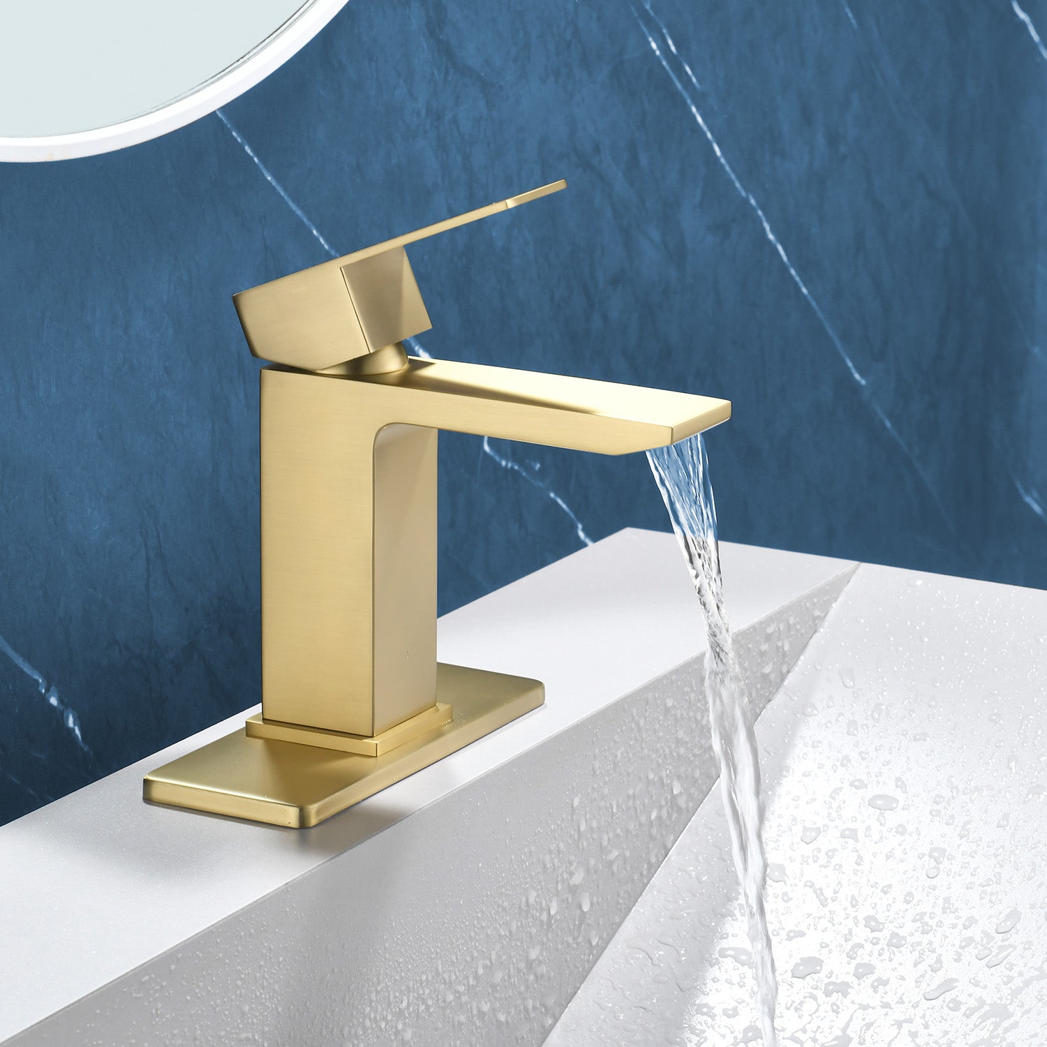 Deck Mounted Waterfall Lavatory Faucet Single Lever Single Hole Basin Mixer Tap with Pop-Up Drain