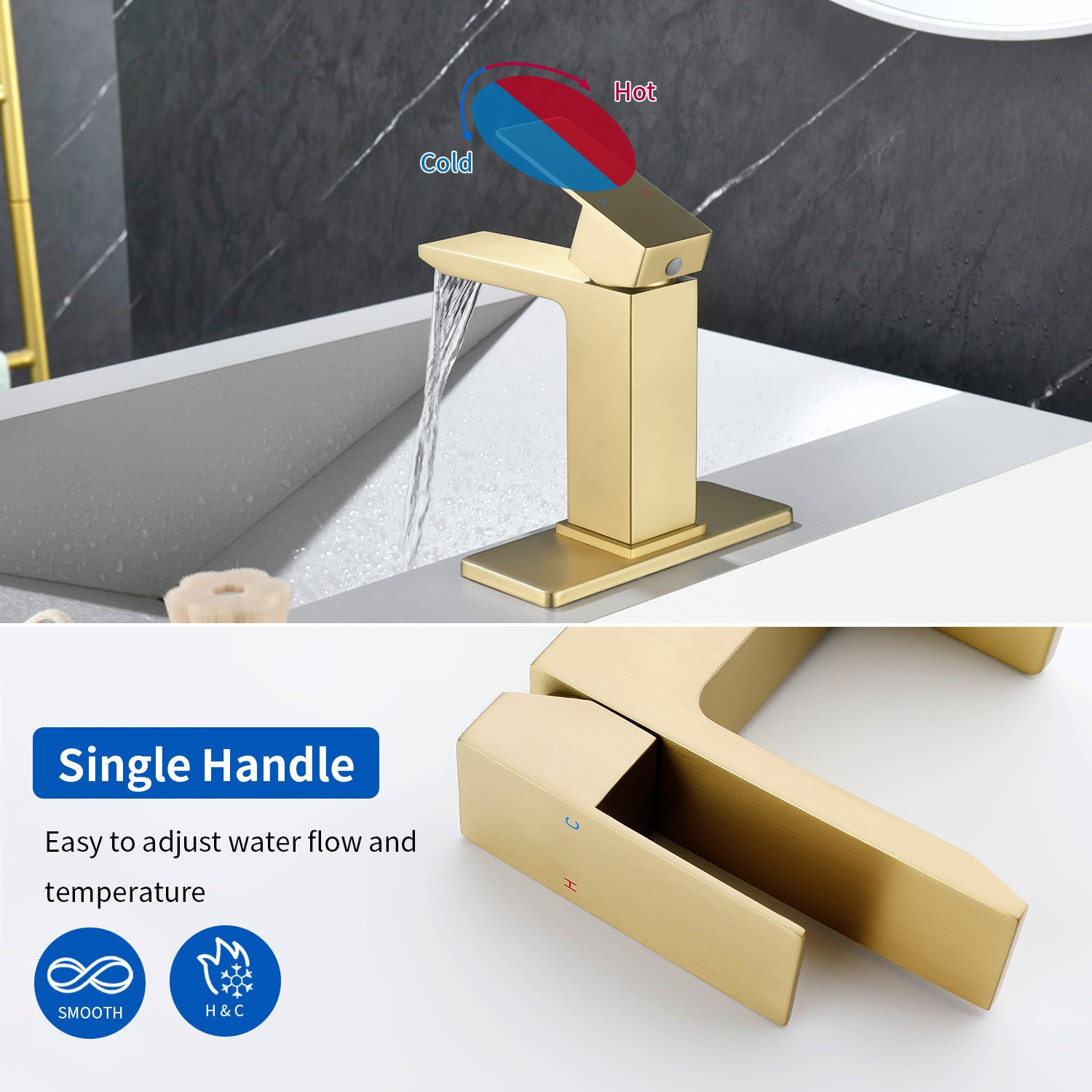 Deck Mounted Waterfall Lavatory Faucet Single Lever Single Hole Basin Mixer Tap with Pop-Up Drain