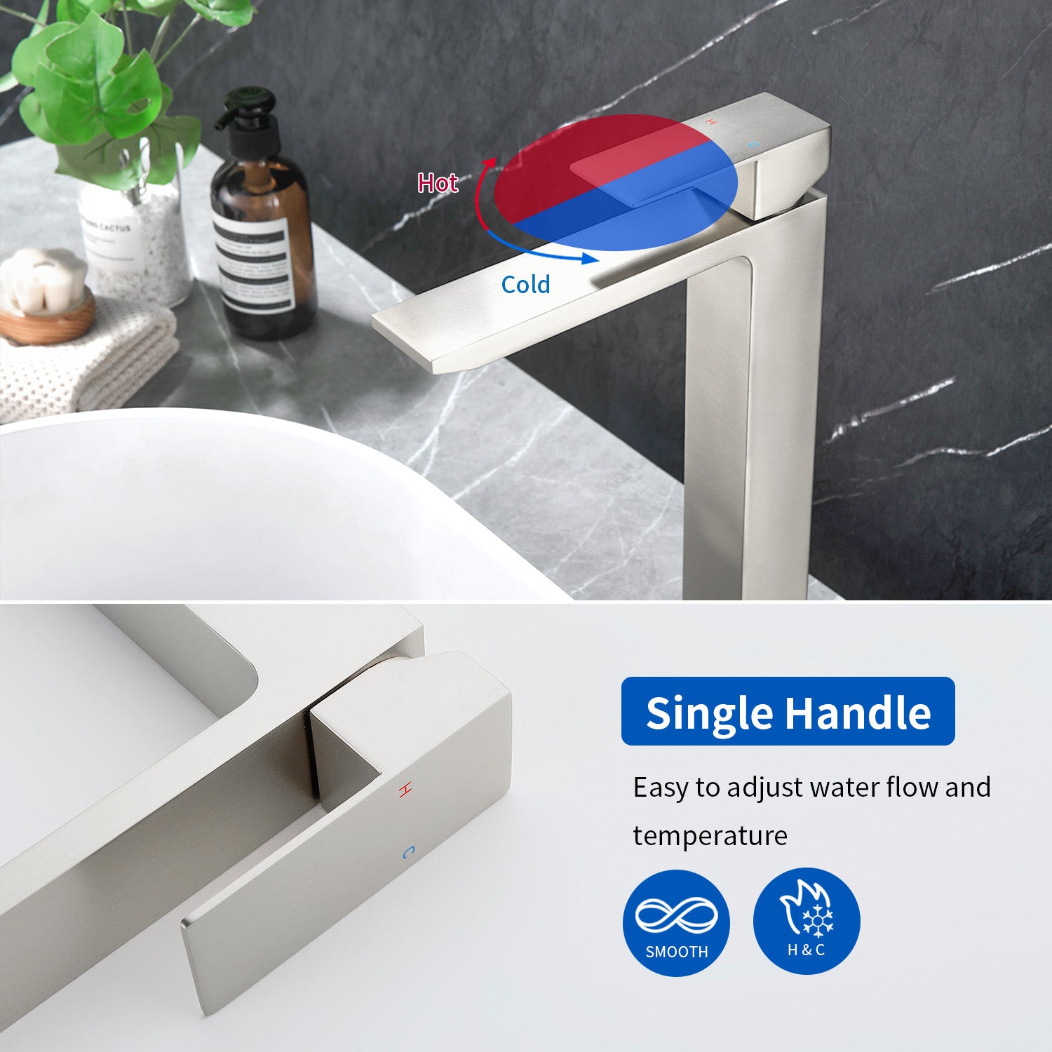 Single Handle High Basin Faucet SS304 Hot Cold Water Mixer Bathroom Vessel Sink Faucet with Pop-Up Waste
