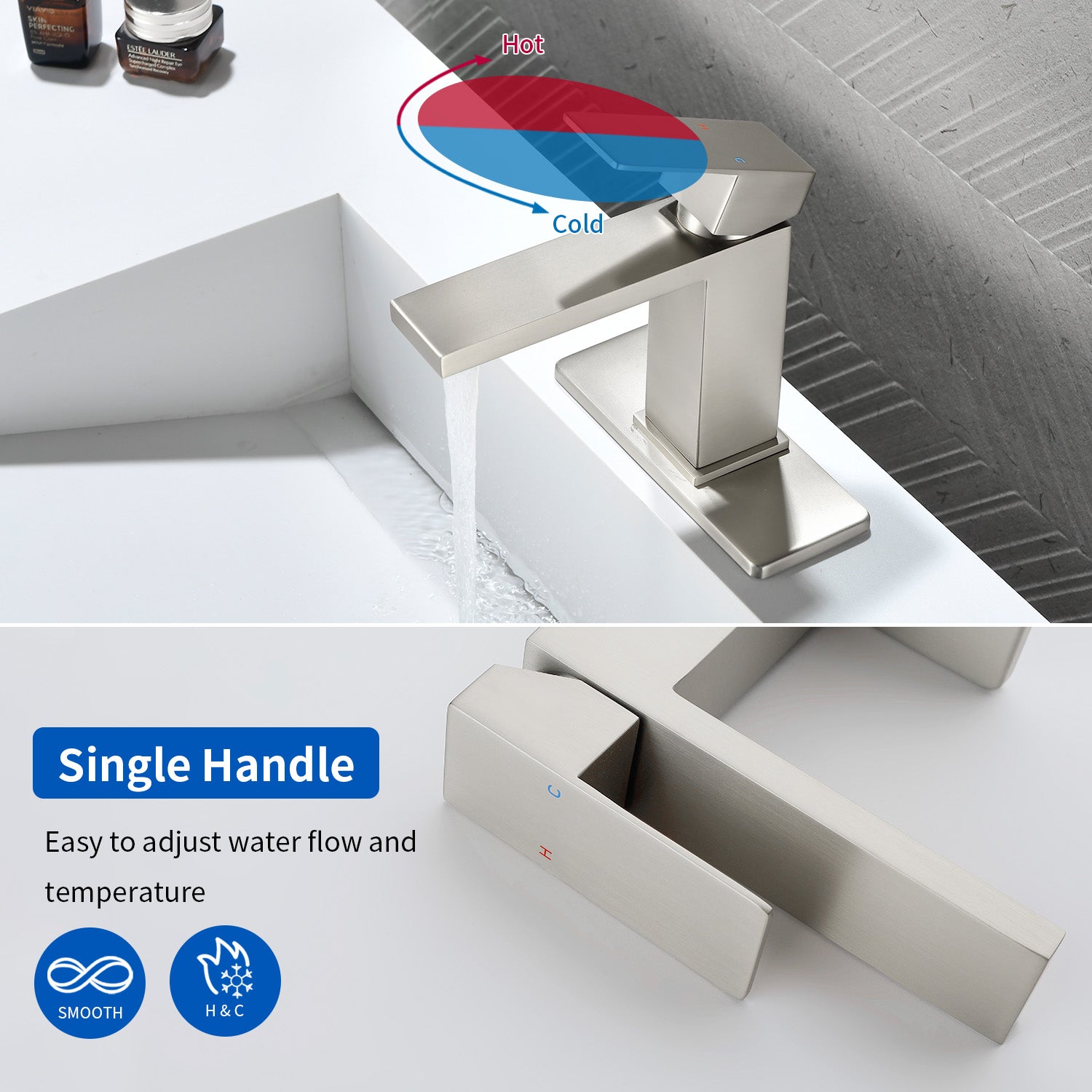 Stainless Steel Basin Faucets Square One Handle Hot and Cold Water Mixer Hotel Vanity Faucet for Bathroom