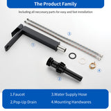 Tall Vessel Sink Faucet Single lever Square Single Hole Bathroom Faucet with drain stopper & Water Supply Lines