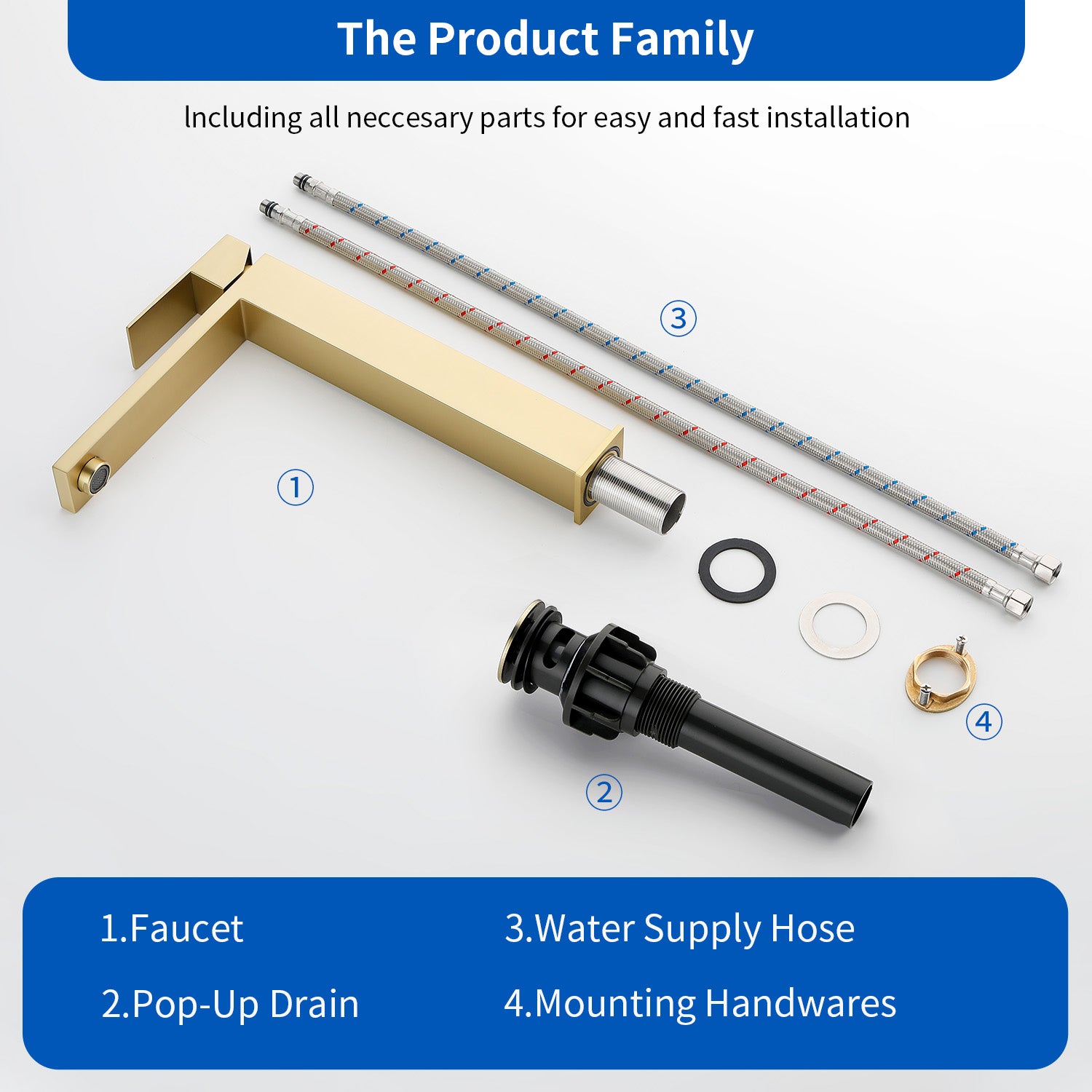 Tall Vessel Sink Faucet Single lever Square Single Hole Bathroom Faucet with drain stopper & Water Supply Lines