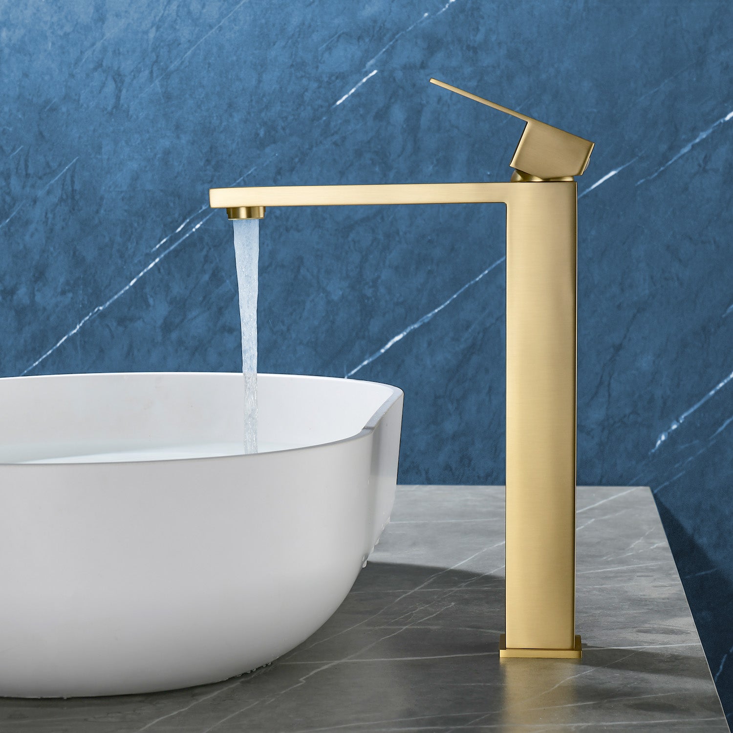 Tall Vessel Sink Faucet Single lever Square Single Hole Bathroom Faucet with drain stopper & Water Supply Lines
