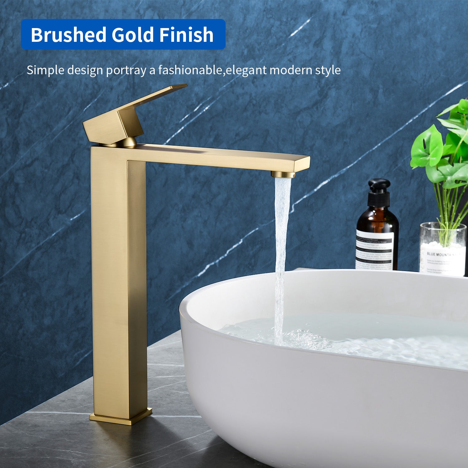 Tall Vessel Sink Faucet Single lever Square Single Hole Bathroom Faucet with drain stopper & Water Supply Lines