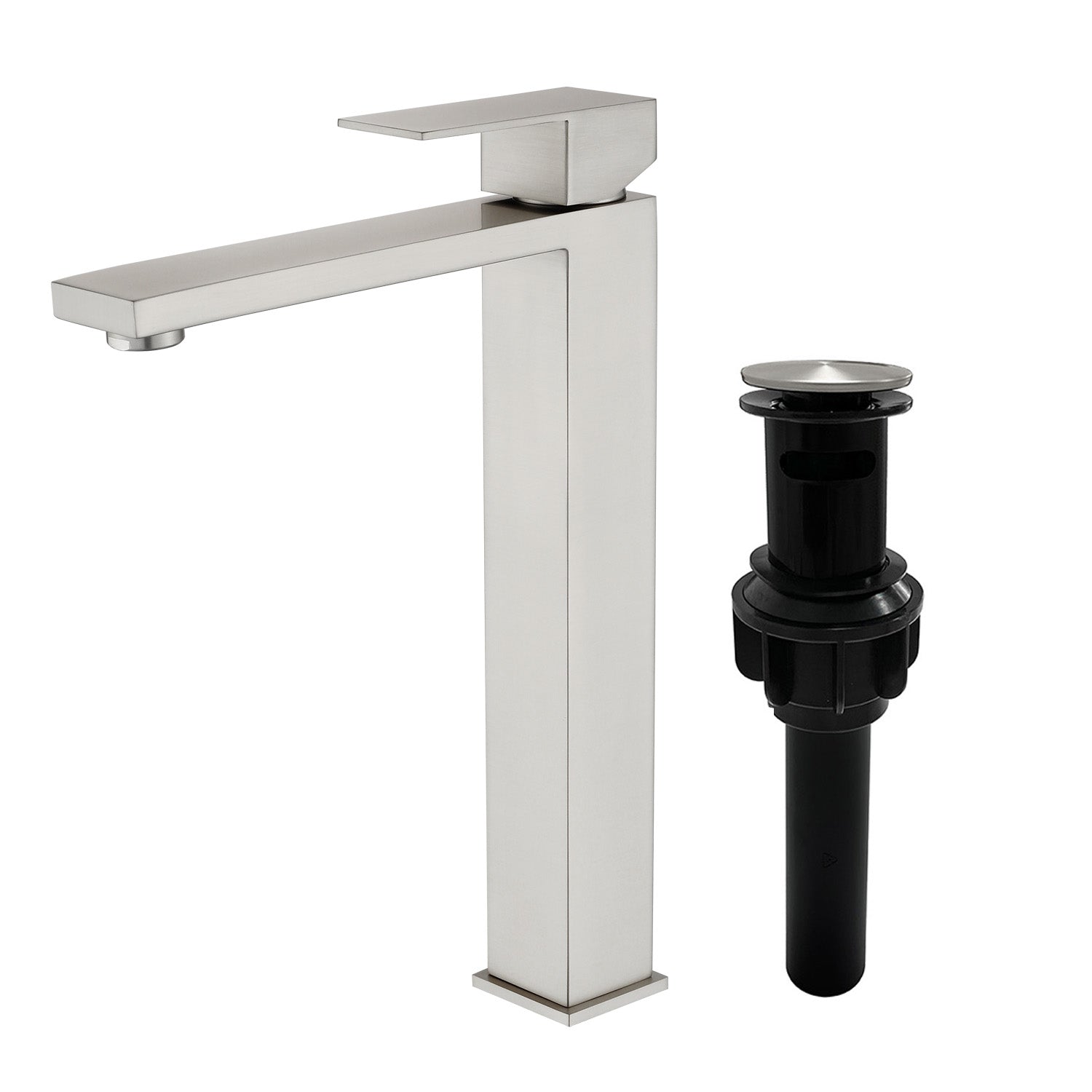 Tall Vessel Sink Faucet Single lever Square Single Hole Bathroom Faucet with drain stopper & Water Supply Lines