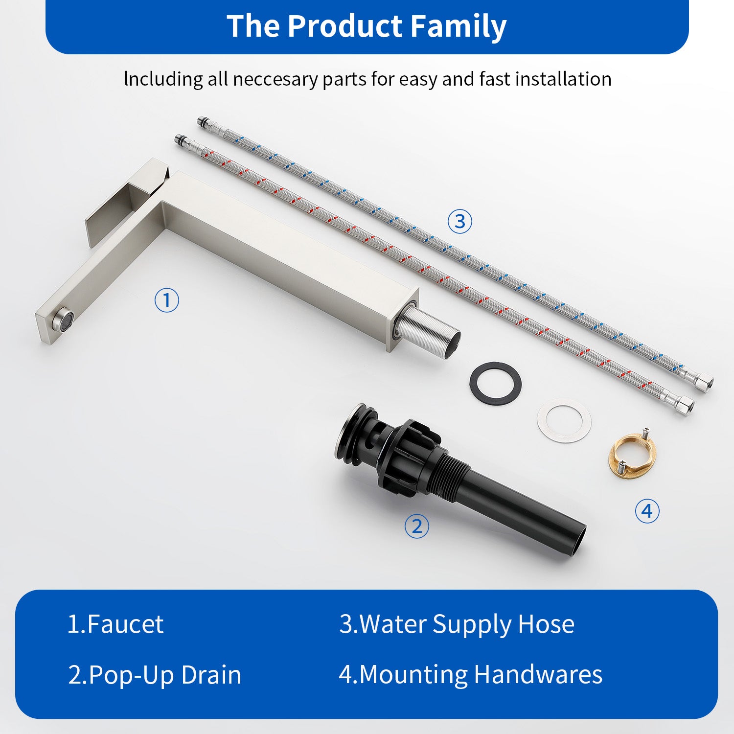 Tall Vessel Sink Faucet Single lever Square Single Hole Bathroom Faucet with drain stopper & Water Supply Lines