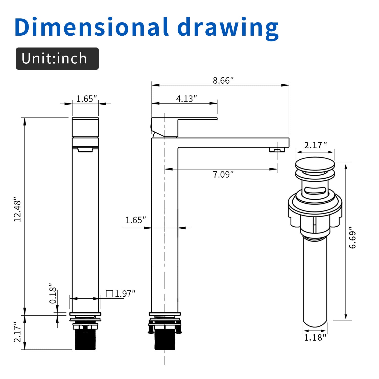 Tall Vessel Sink Faucet Single lever Square Single Hole Bathroom Faucet with drain stopper & Water Supply Lines