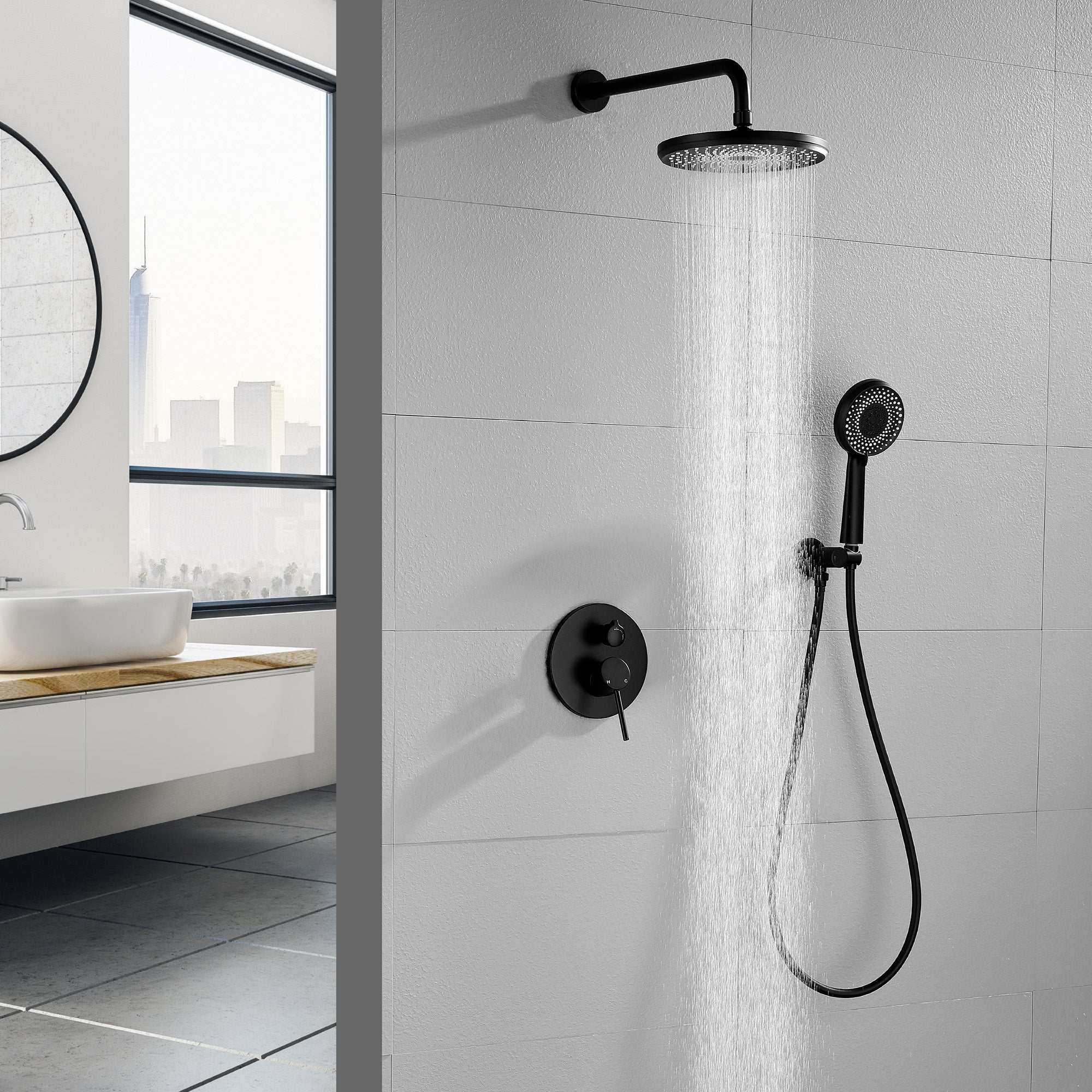 Wall Mount Round 2 way shower kit 9 inch ABS Shower Heads set with 6-spray Hand Shower in Matte Black