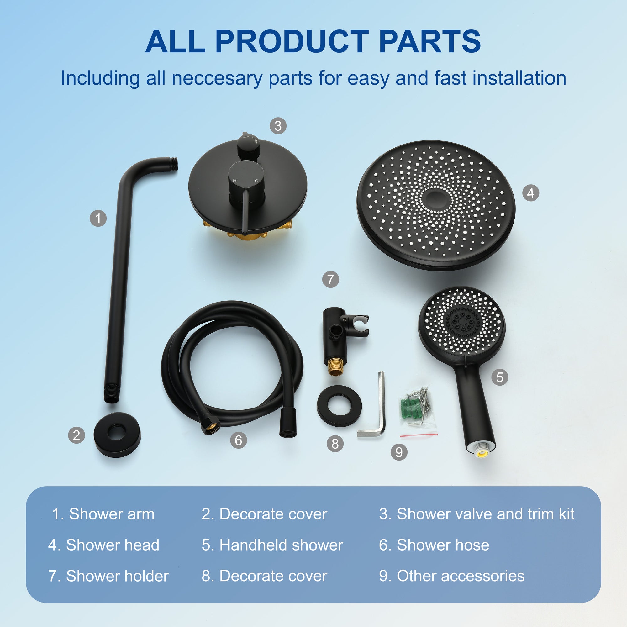 Wall Mount Round 2 way shower kit 9 inch ABS Shower Heads set with 6-spray Hand Shower in Matte Black