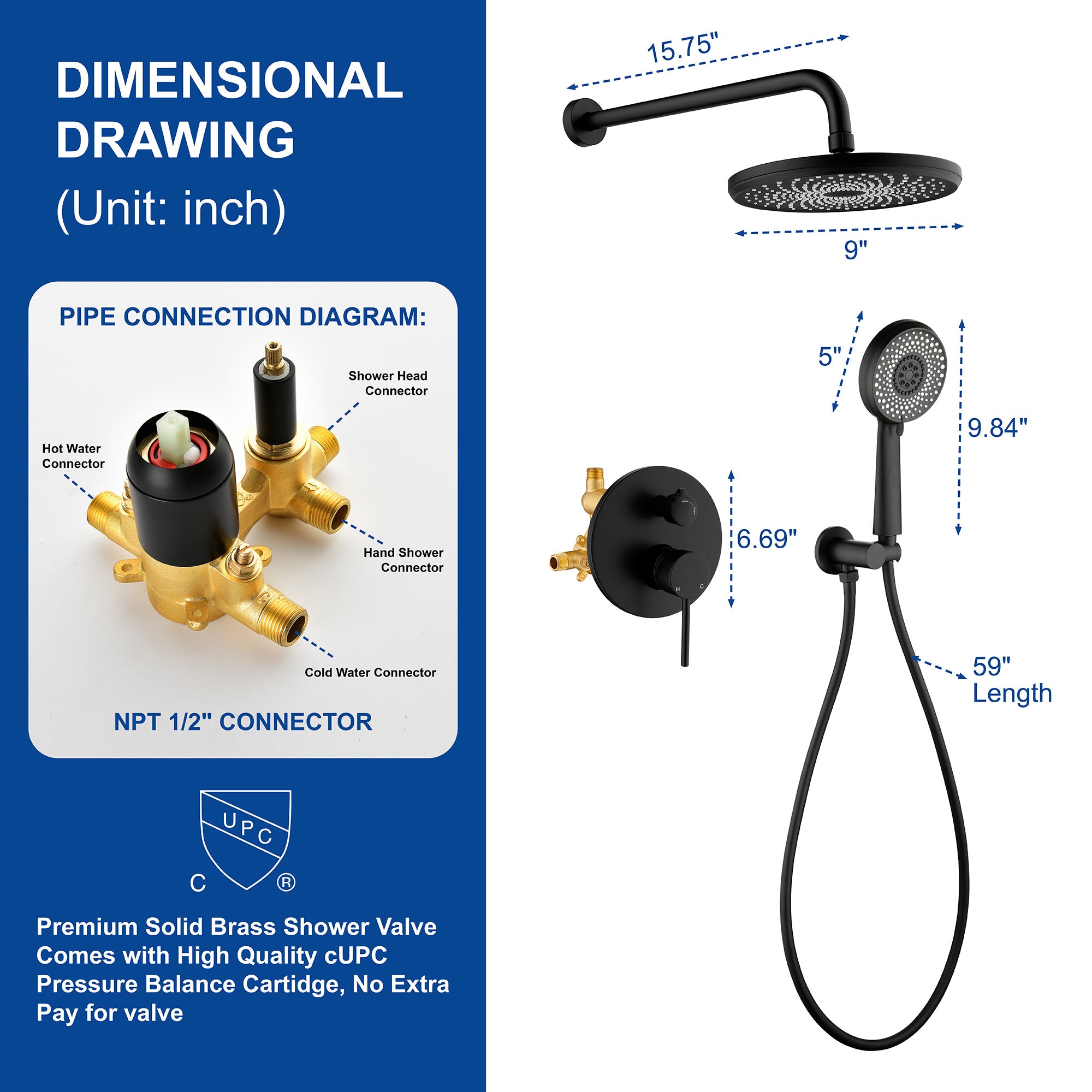 Wall Mount Round 2 way shower kit 9 inch ABS Shower Heads set with 6-spray Hand Shower in Matte Black