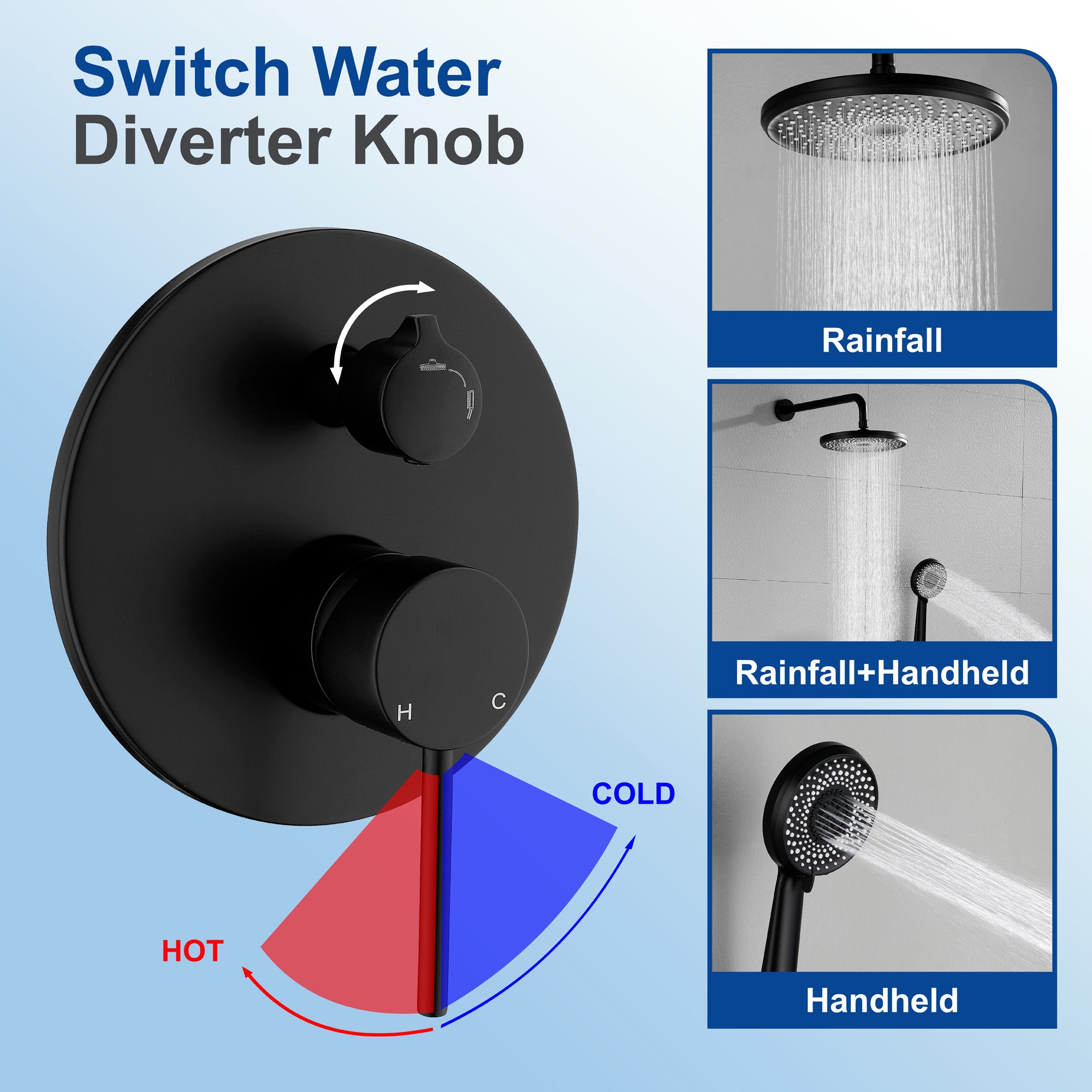 Wall Mount Round 2 way shower kit 9 inch ABS Shower Heads set with 6-spray Hand Shower in Matte Black
