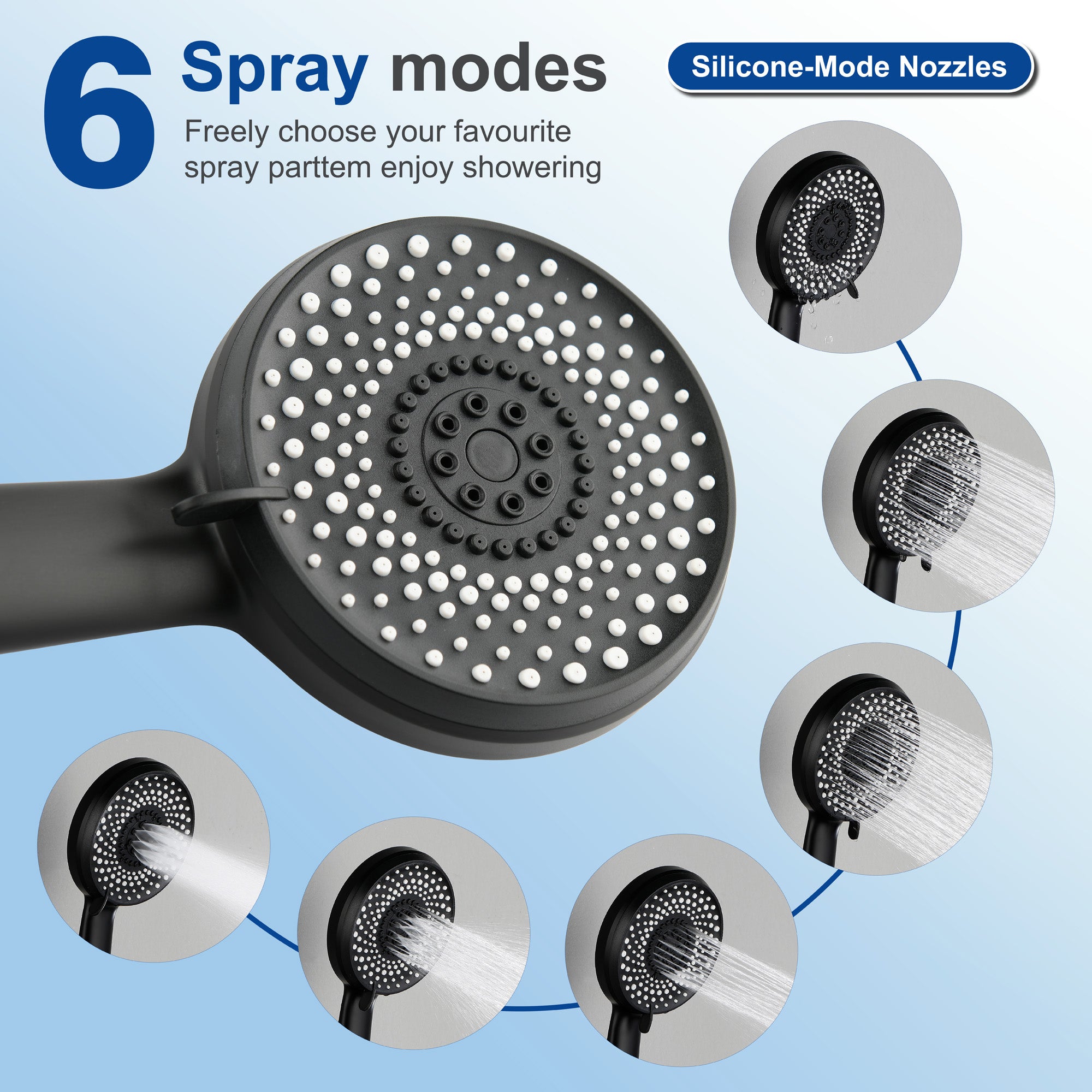 Wall Mount Round 2 way shower kit 9 inch ABS Shower Heads set with 6-spray Hand Shower in Matte Black