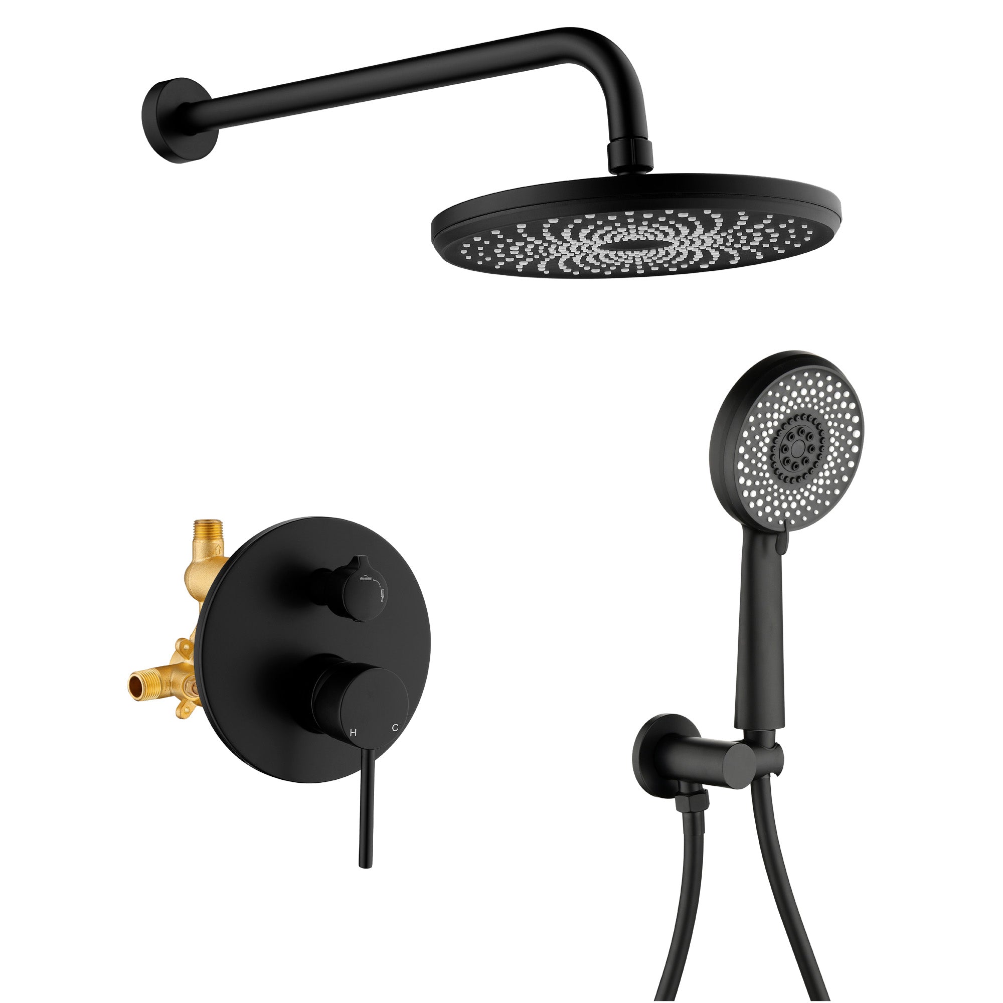 Wall Mount Round 2 way shower kit 9 inch ABS Shower Heads set with 6-spray Hand Shower in Matte Black