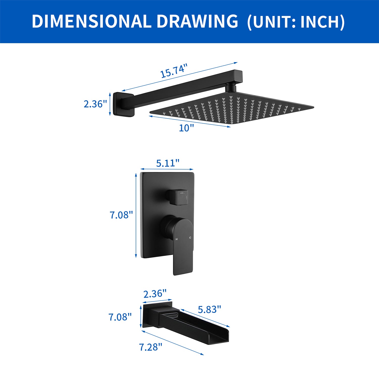 Wall Mounted Rainfall Bathroom Shower System 10 Inch square Rain Shower Head with Waterfall Spout