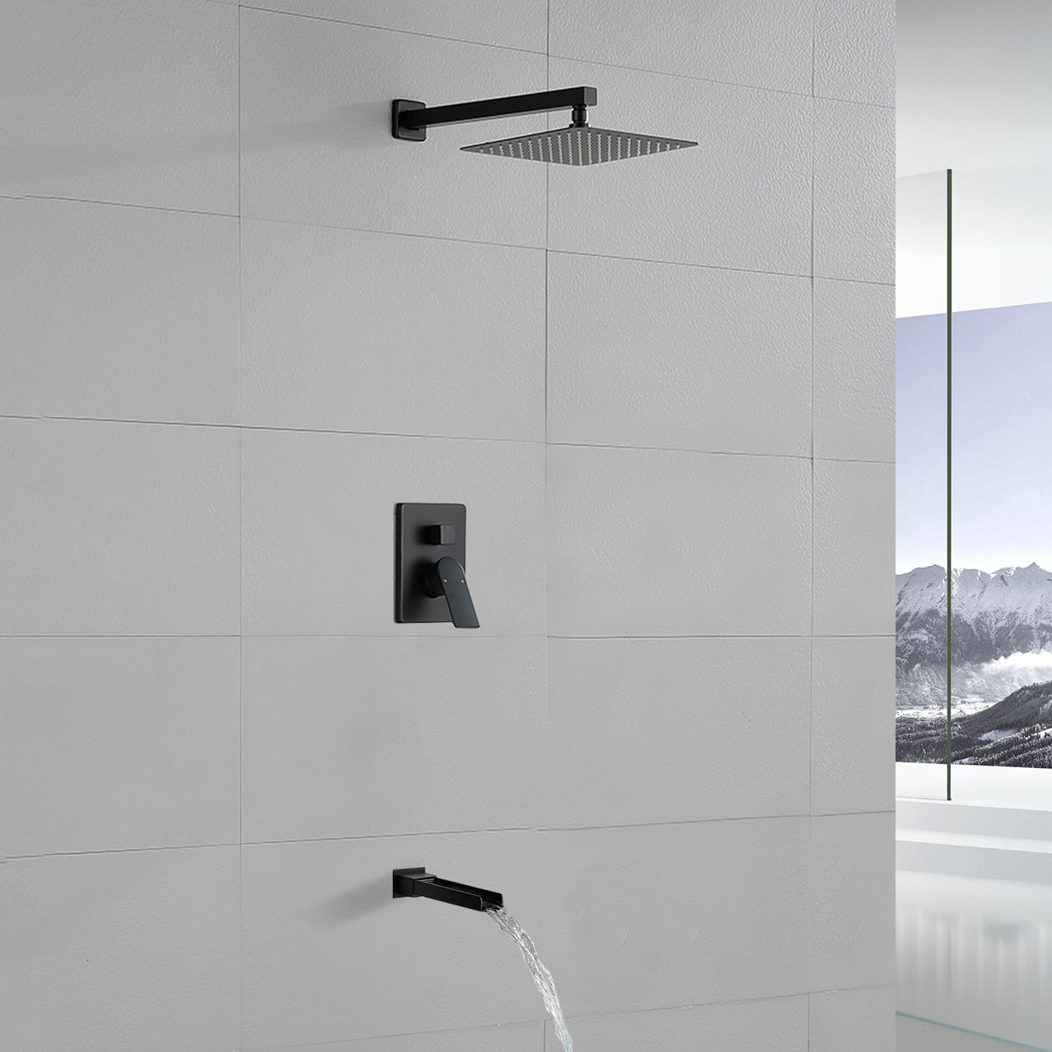 Wall Mounted Rainfall Bathroom Shower System 10 Inch square Rain Shower Head with Waterfall Spout