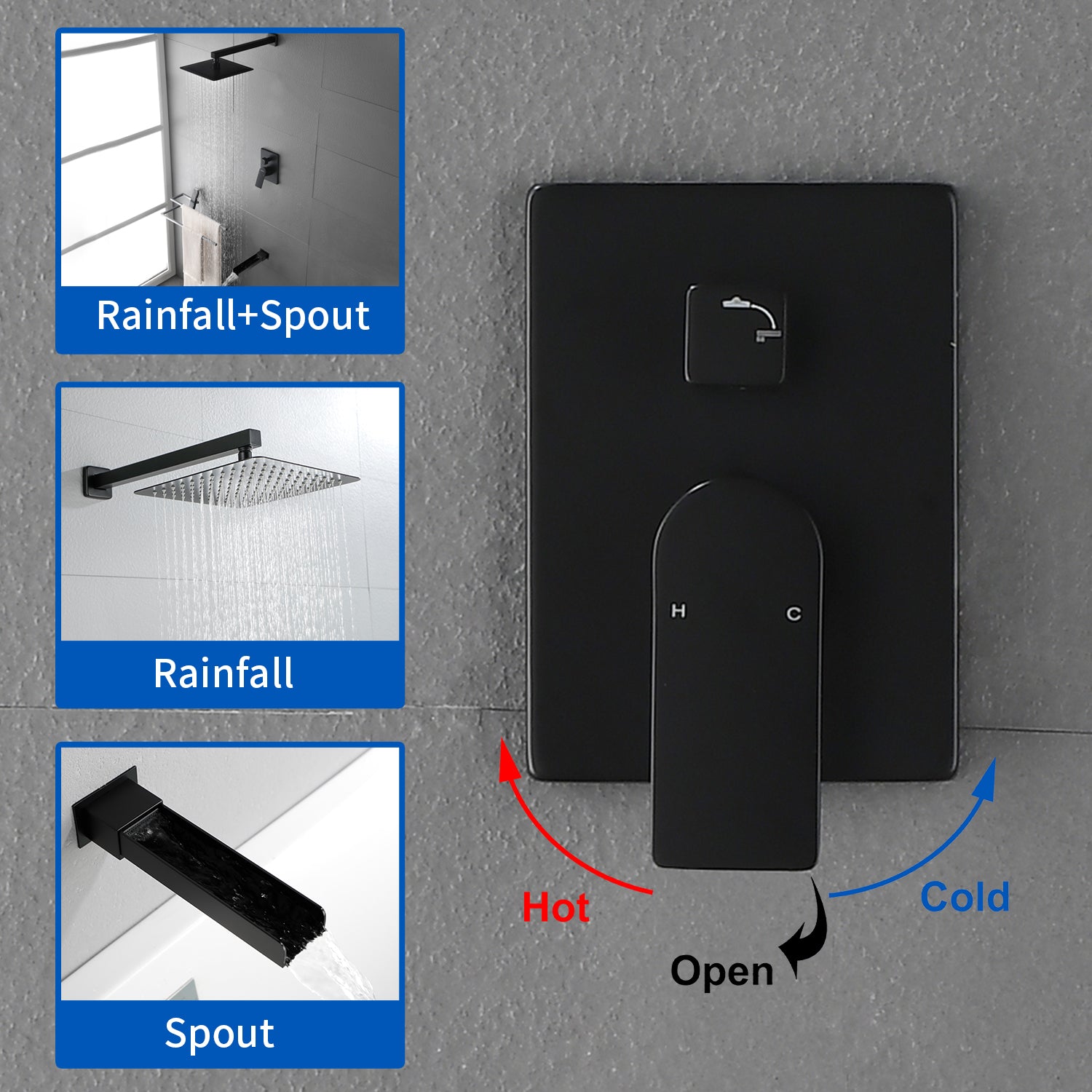 Wall Mounted Rainfall Bathroom Shower System 10 Inch square Rain Shower Head with Waterfall Spout