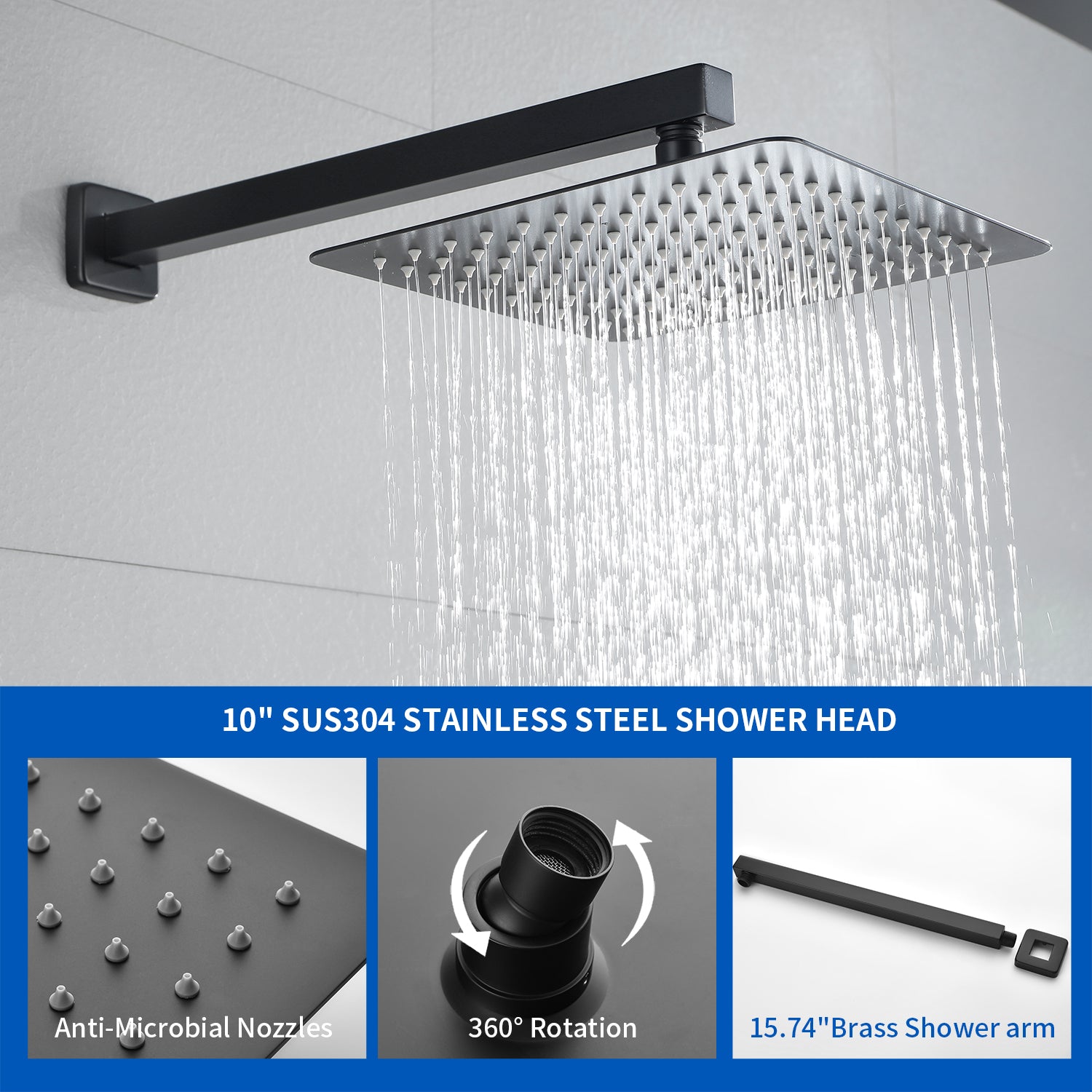Wall Mounted Rainfall Bathroom Shower System 10 Inch square Rain Shower Head with Waterfall Spout