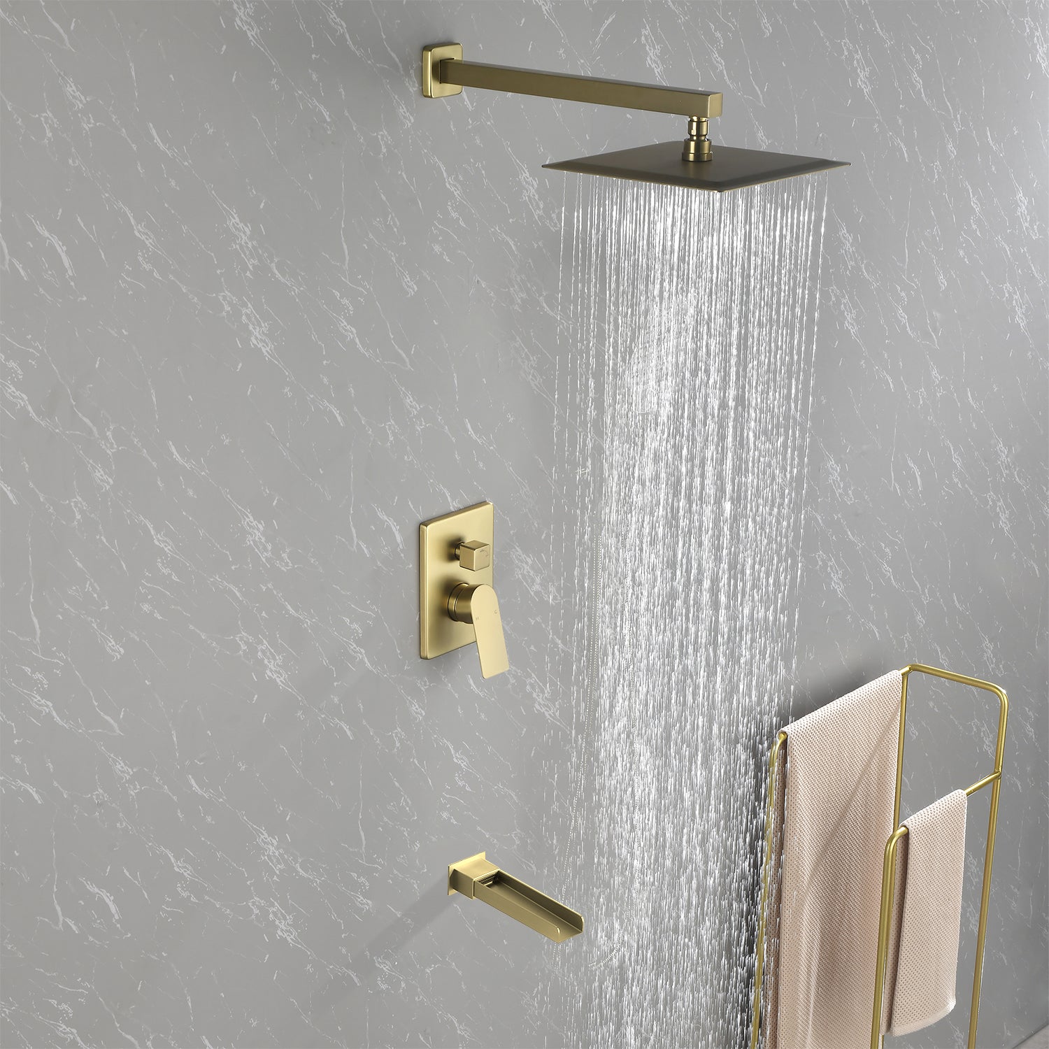 Wall Mounted Rainfall Bathroom Shower System 10 Inch square Rain Shower Head with Waterfall Spout