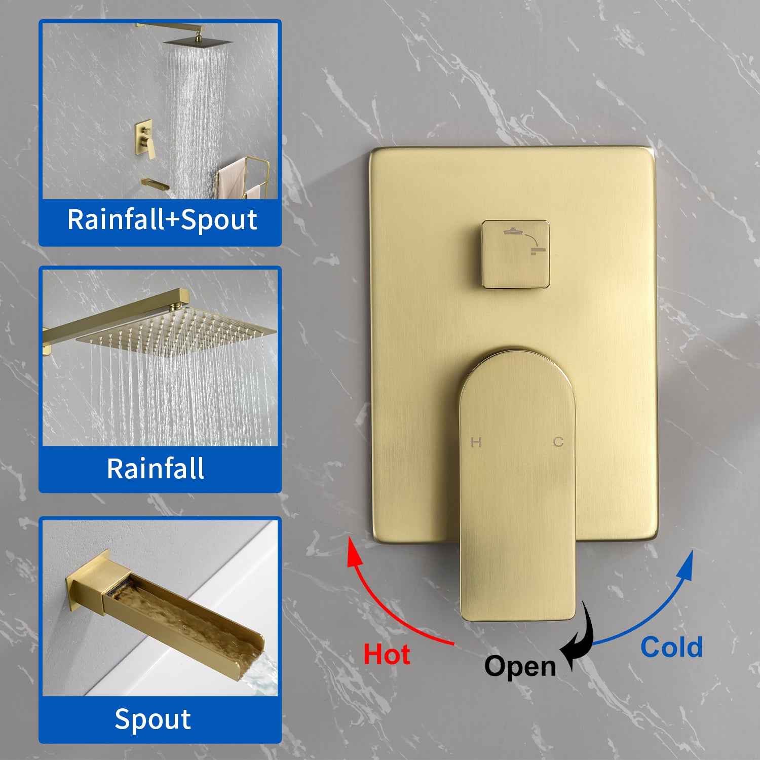 Wall Mounted Rainfall Bathroom Shower System 10 Inch square Rain Shower Head with Waterfall Spout