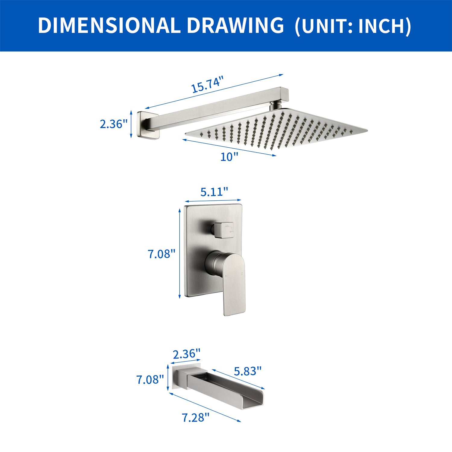 Wall Mounted Rainfall Bathroom Shower System 10 Inch square Rain Shower Head with Waterfall Spout