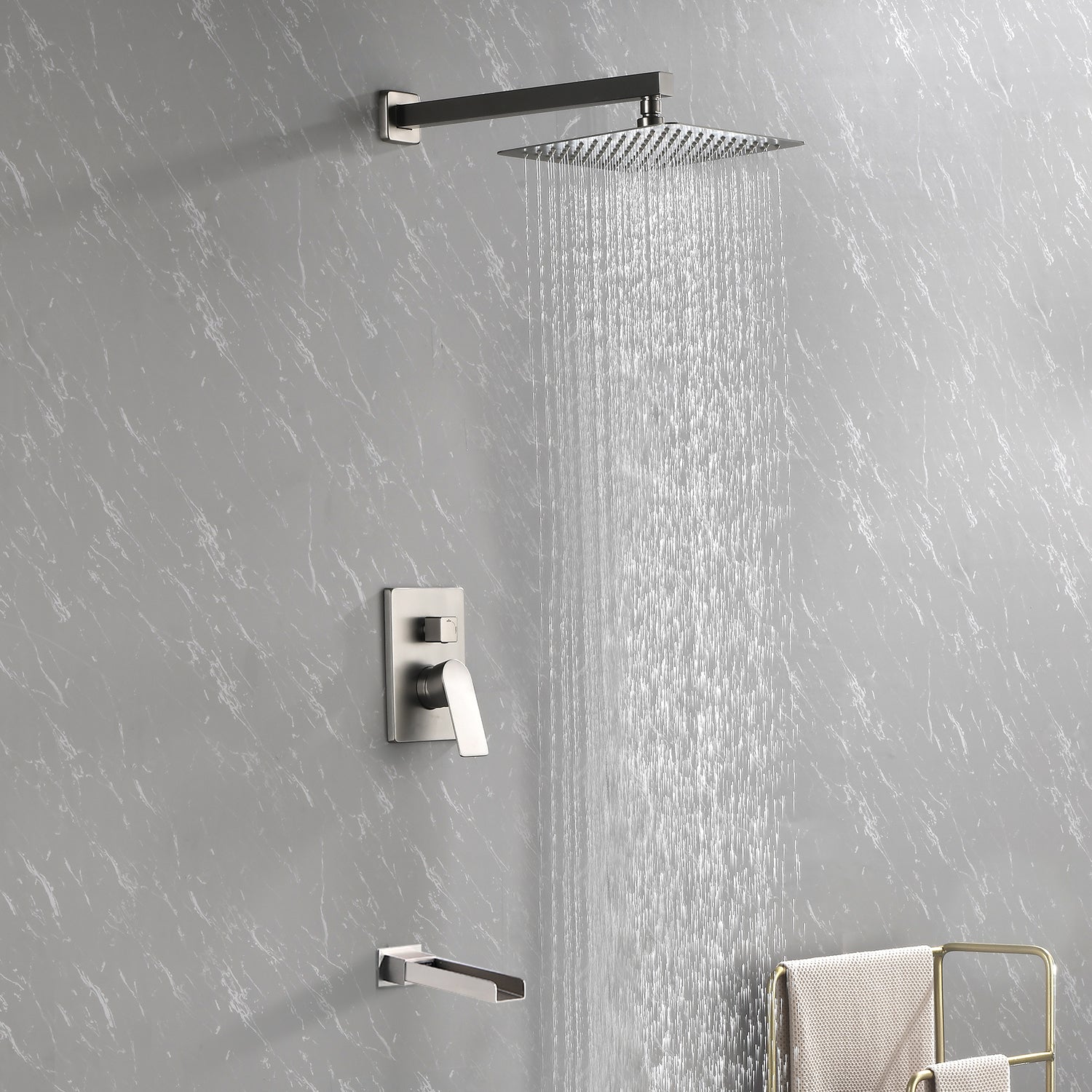 Wall Mounted Rainfall Bathroom Shower System 10 Inch square Rain Shower Head with Waterfall Spout