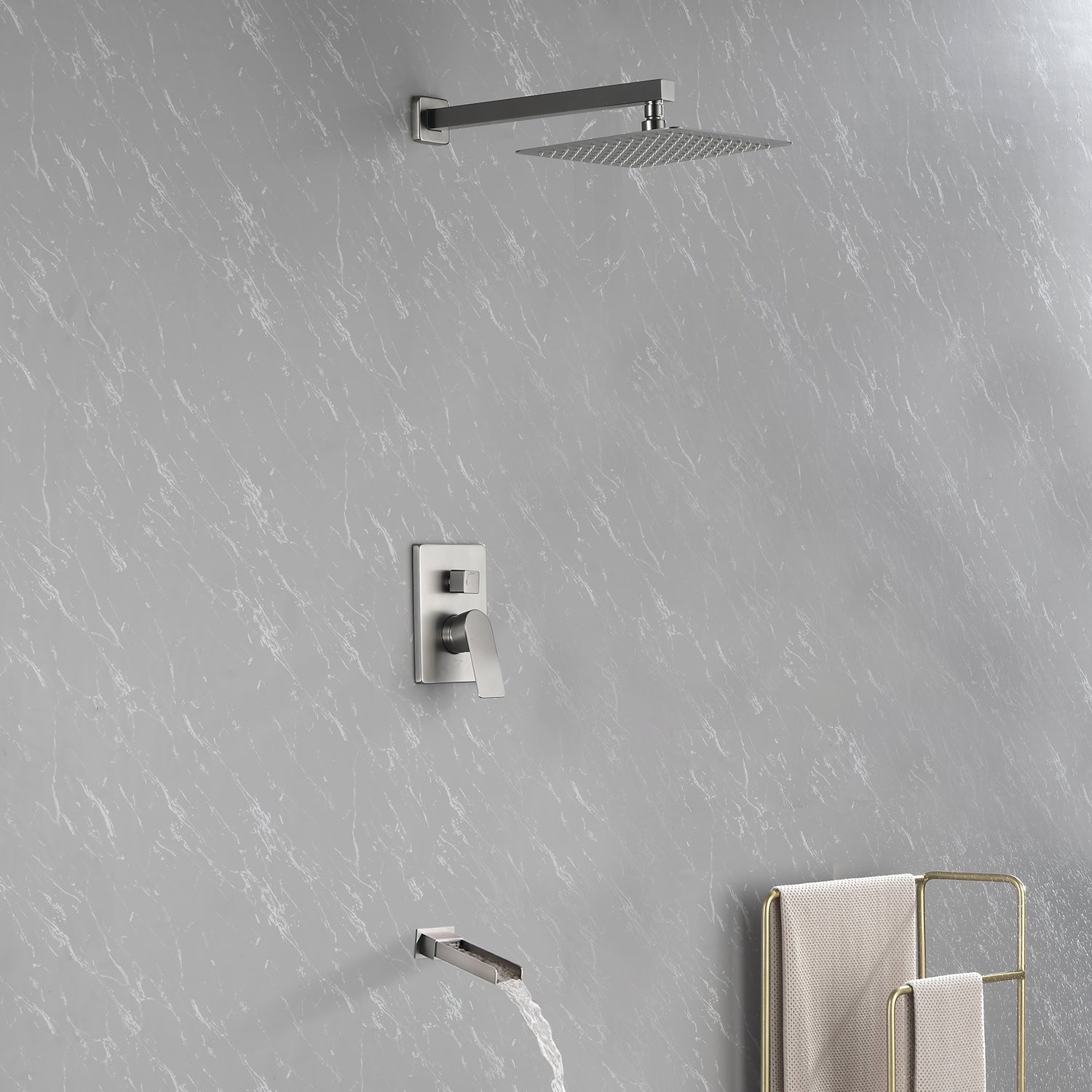 Wall Mounted Rainfall Bathroom Shower System 10 Inch square Rain Shower Head with Waterfall Spout