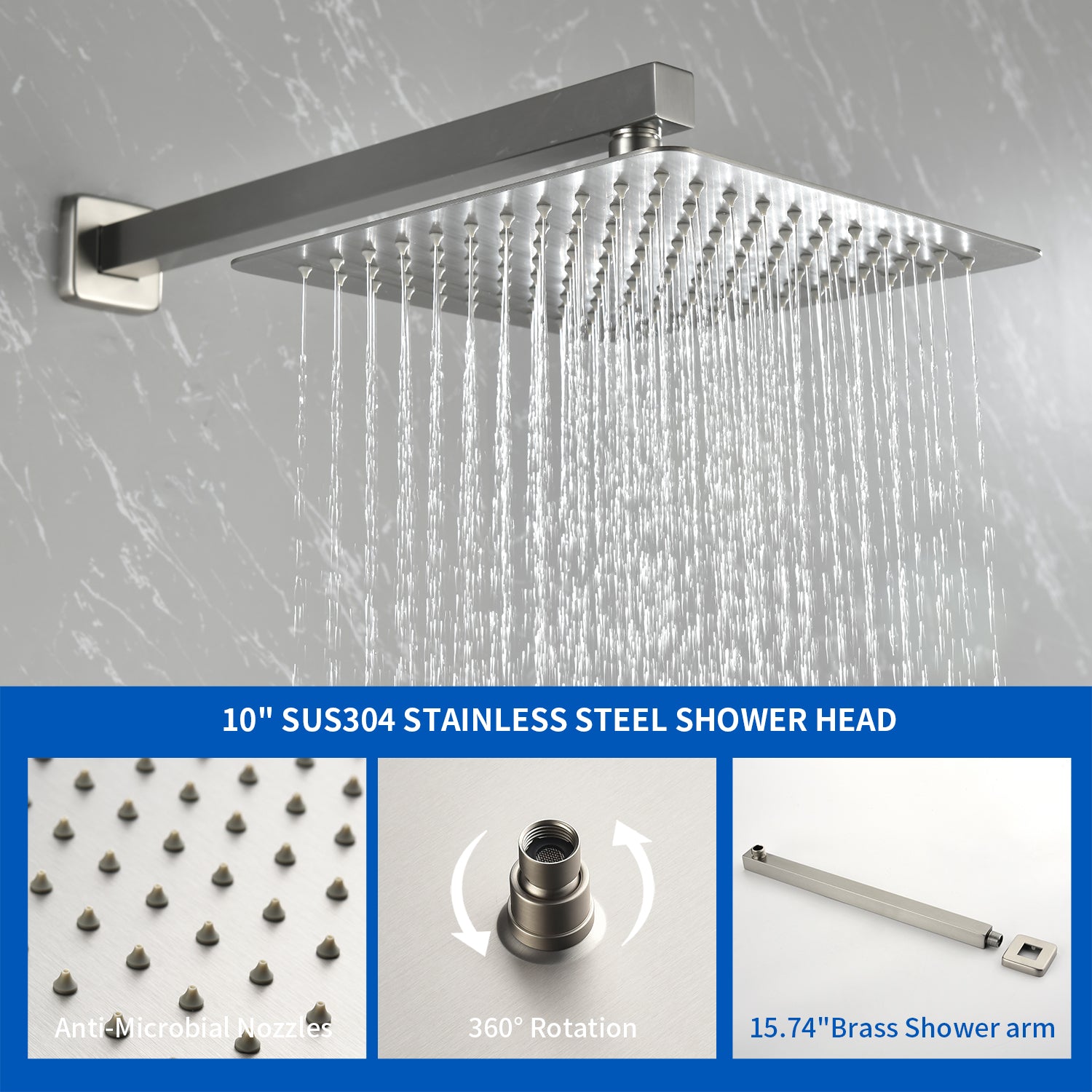 Wall Mounted Rainfall Bathroom Shower System 10 Inch square Rain Shower Head with Waterfall Spout