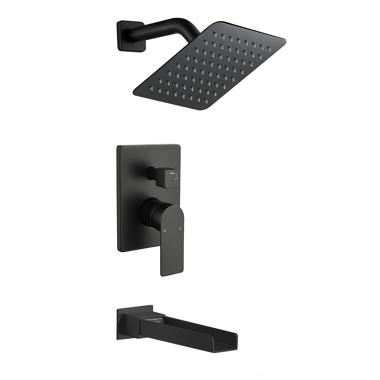 8" Square Rain Shower Head Systems with Waterfall Tub Spout,2 Functions Wall Mounted Shower Trim Kit