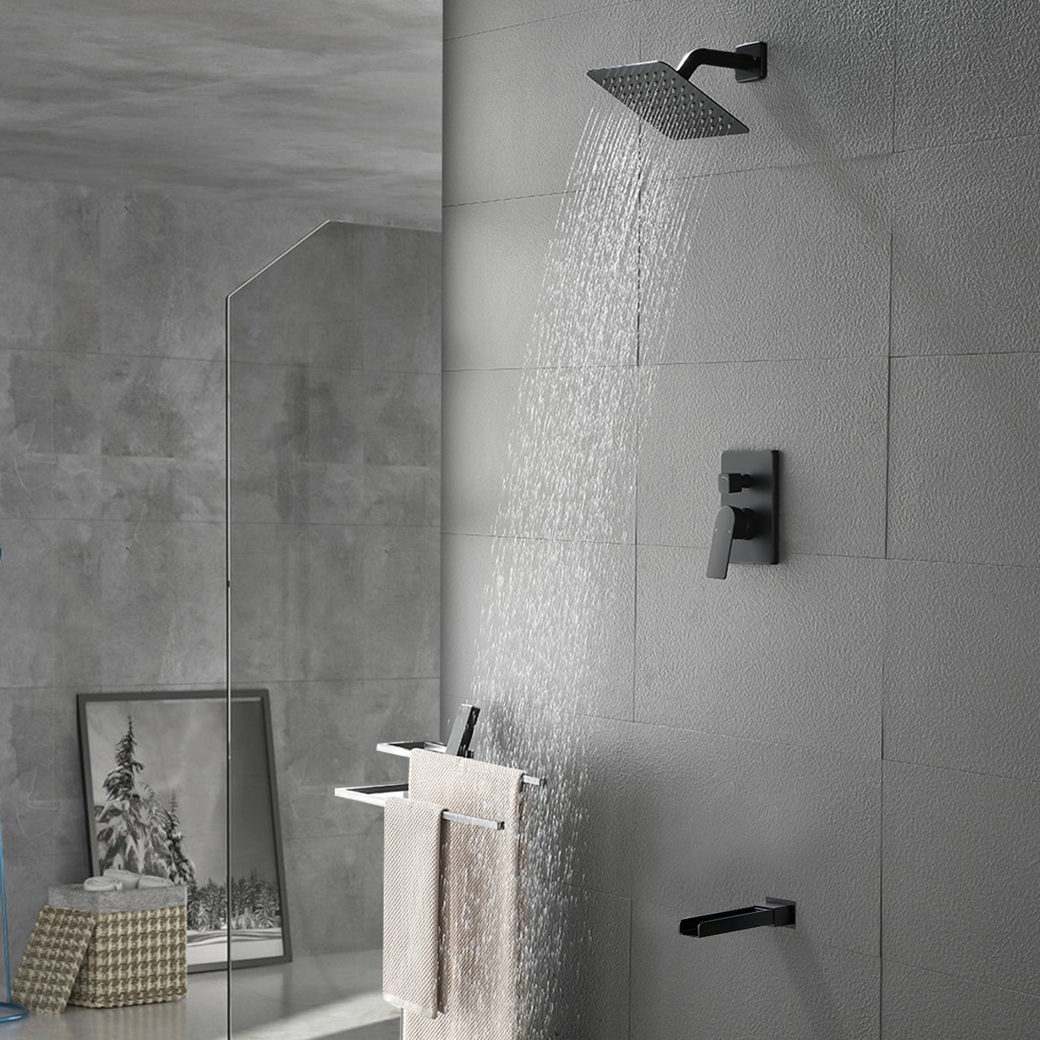 8" Square Rain Shower Head Systems with Waterfall Tub Spout,2 Functions Wall Mounted Shower Trim Kit