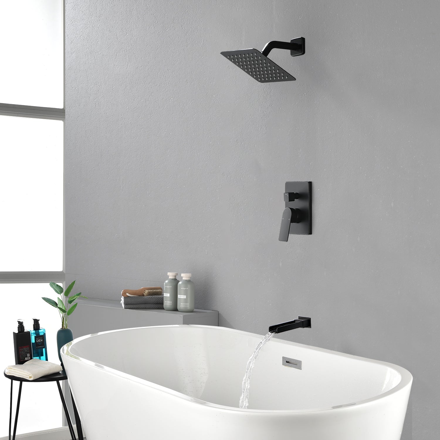 8" Square Rain Shower Head Systems with Waterfall Tub Spout,2 Functions Wall Mounted Shower Trim Kit