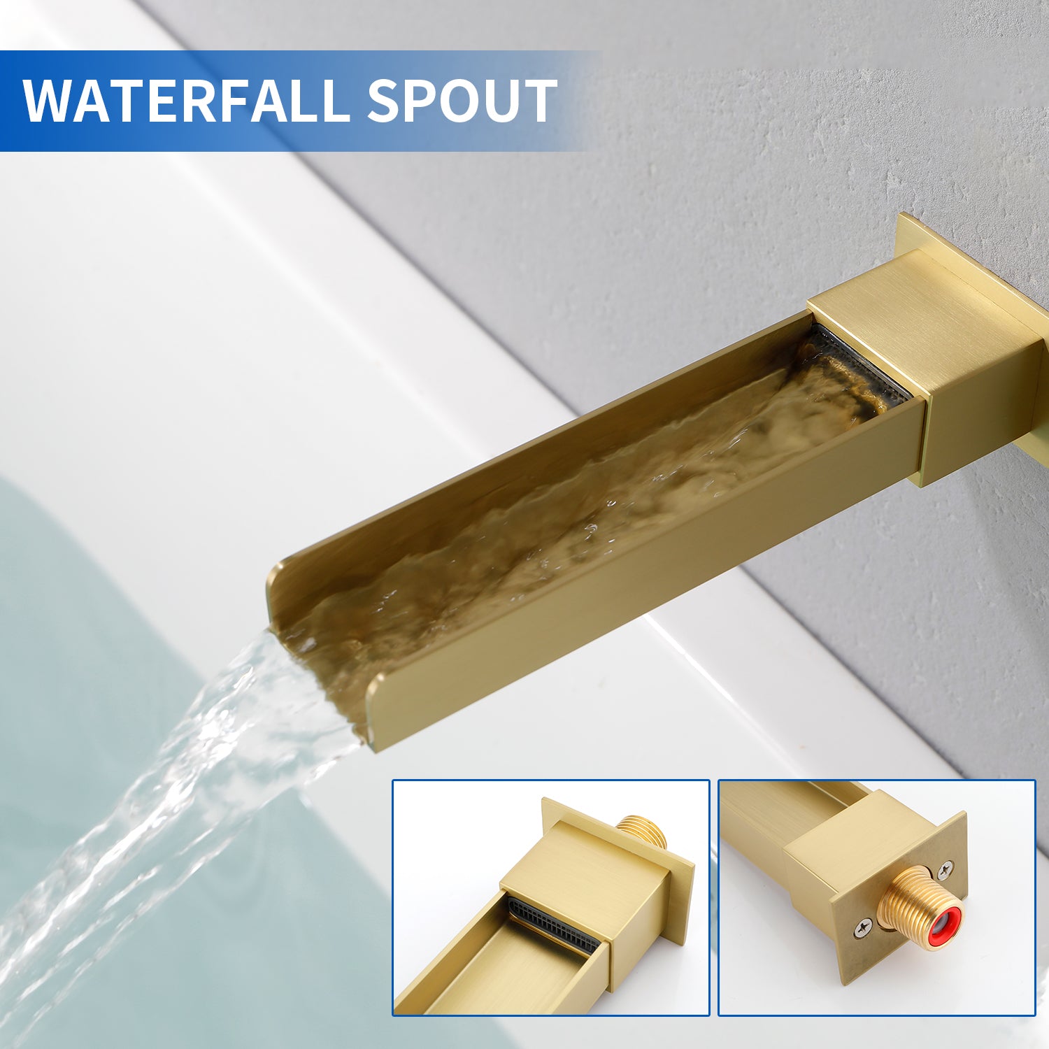 8" Square Rain Shower Head Systems with Waterfall Tub Spout,2 Functions Wall Mounted Shower Trim Kit