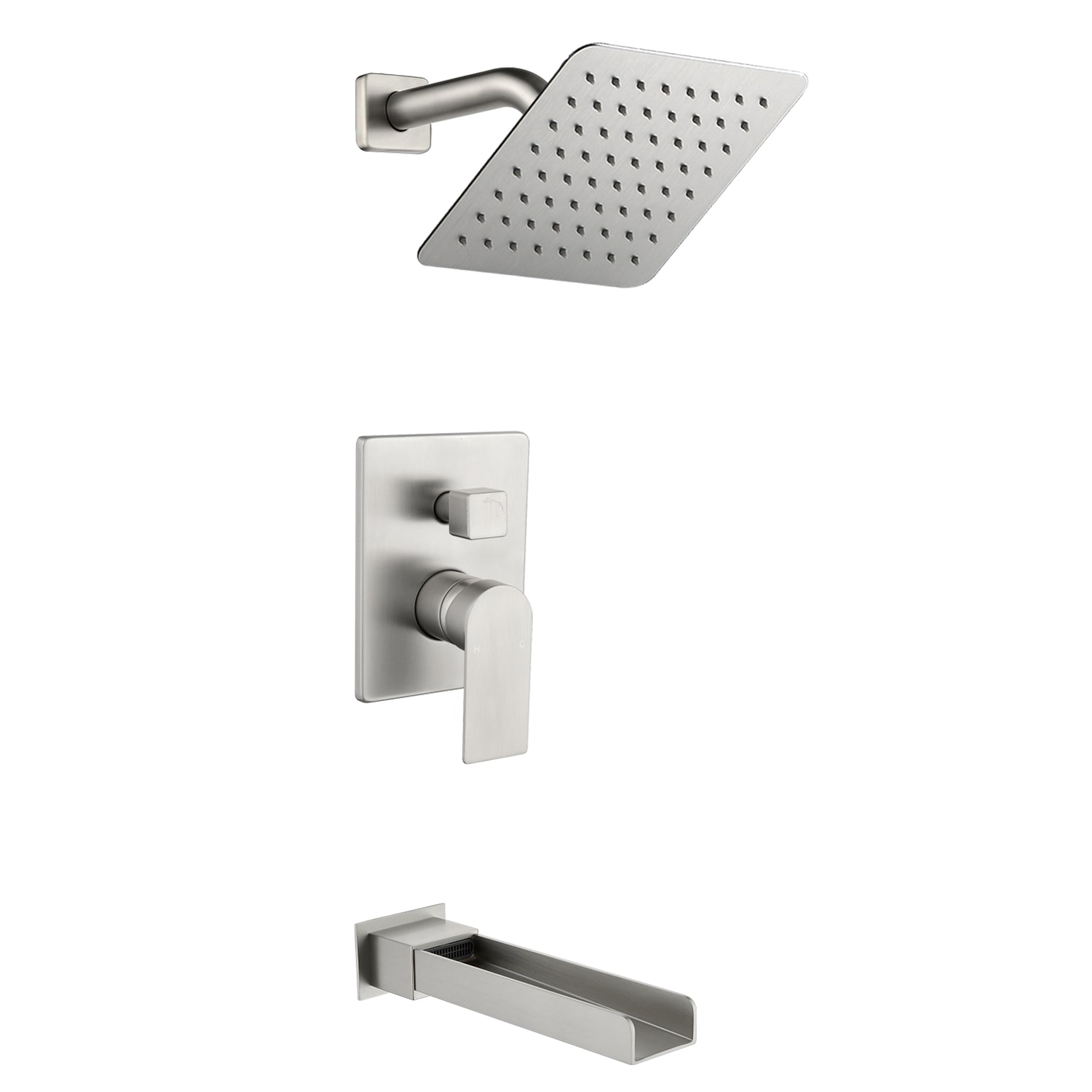 8" Square Rain Shower Head Systems with Waterfall Tub Spout,2 Functions Wall Mounted Shower Trim Kit
